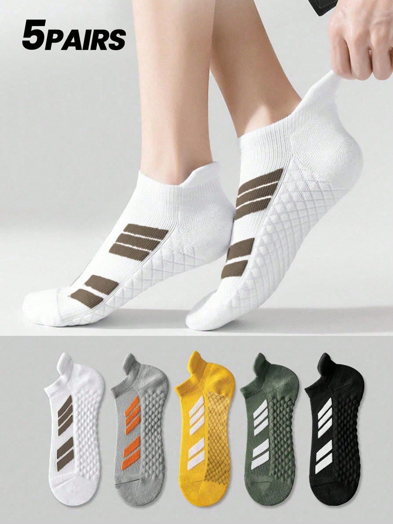 5 Pairs Classic Simple Contrast Stripe Ankle Socks, Protect Feet, Anti-Friction Design, Soft & Comfortable, Moisture-Wicking, Breathable, Odor-Resistant, Men's Sports & Casual Versatile Short Socks