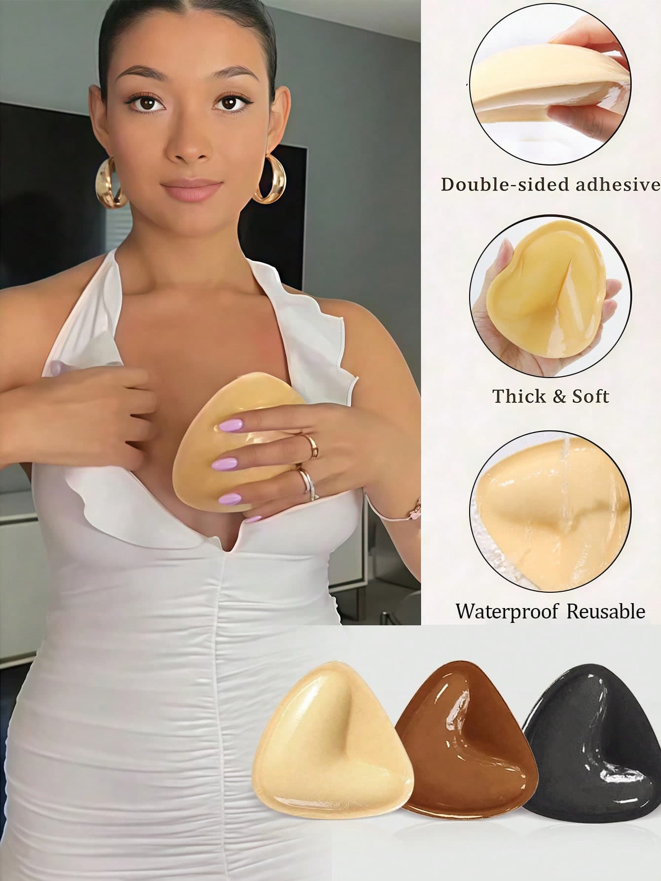 1 Pair Double-Sided Adhesive Reusable Invisible Thickened Bra Pads, Waterproof For Swimming