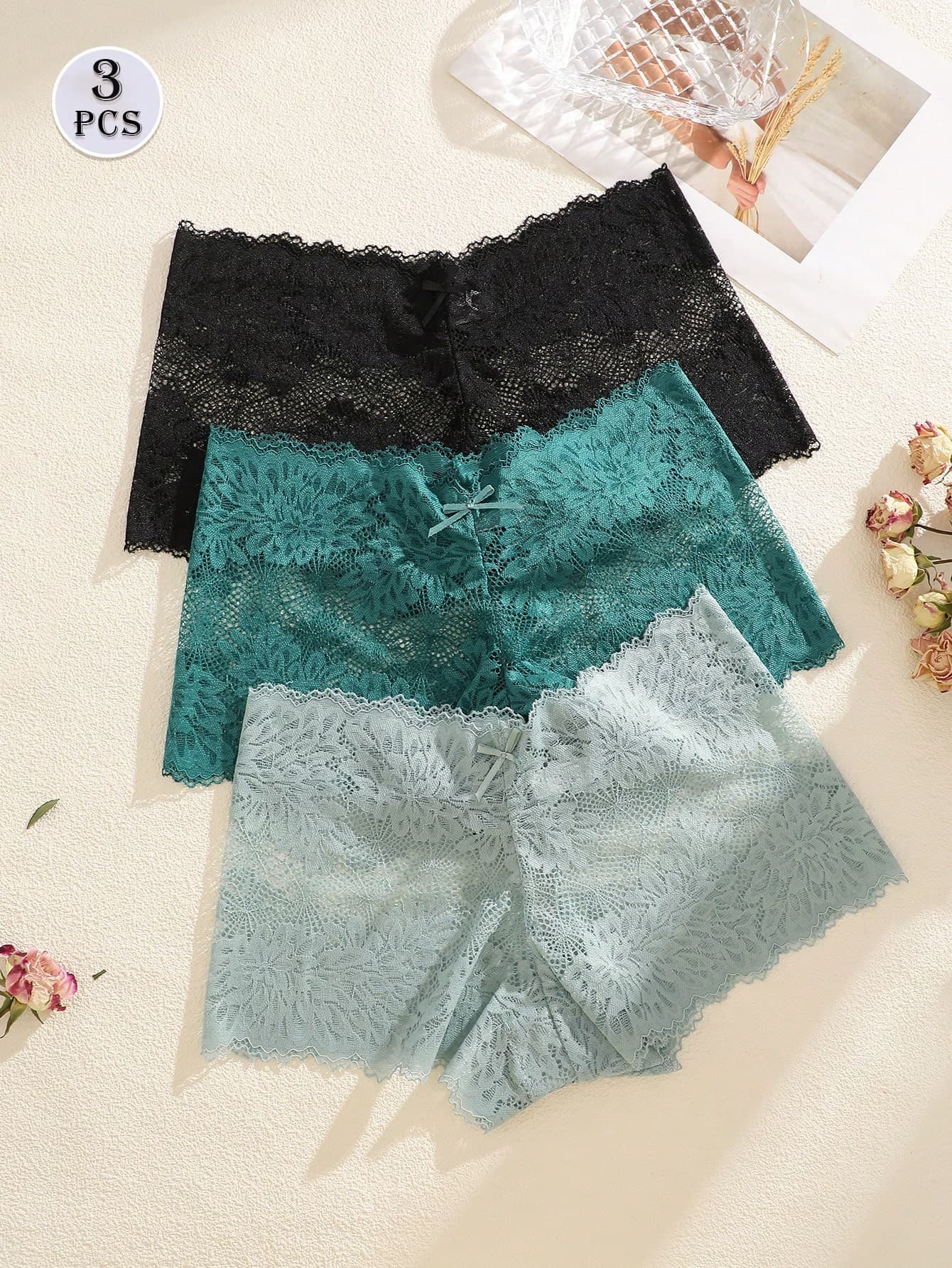 3pcs/Set Solid Color Bow Floral Lace Panties, Sexy & Romantic Women's Underwear