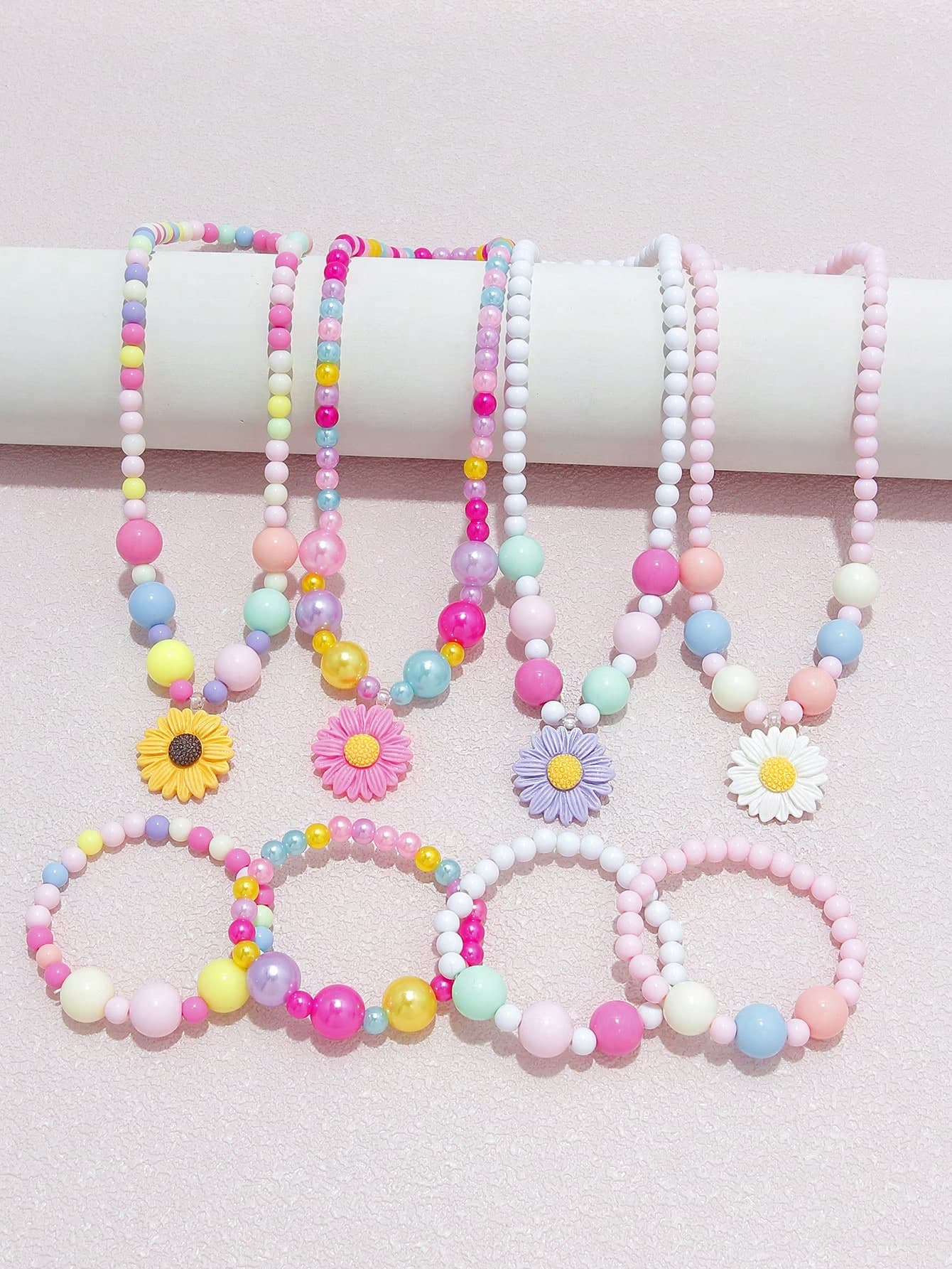 8pcs/Set Daisy Flower Charm Colorful Beaded Necklace & Bracelet Set, Suitable For Girls Daily Wear, Party, Birthday Gift, Random Color
