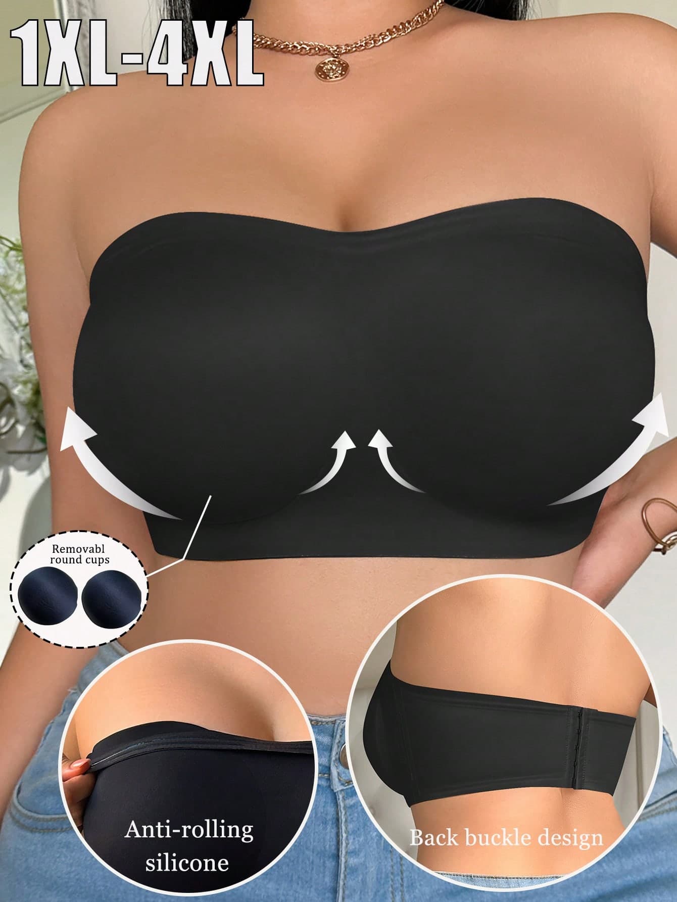 1pc Plus Size Non-Slip Gather Strapless Invisible Back Support Bustier Bra For Women