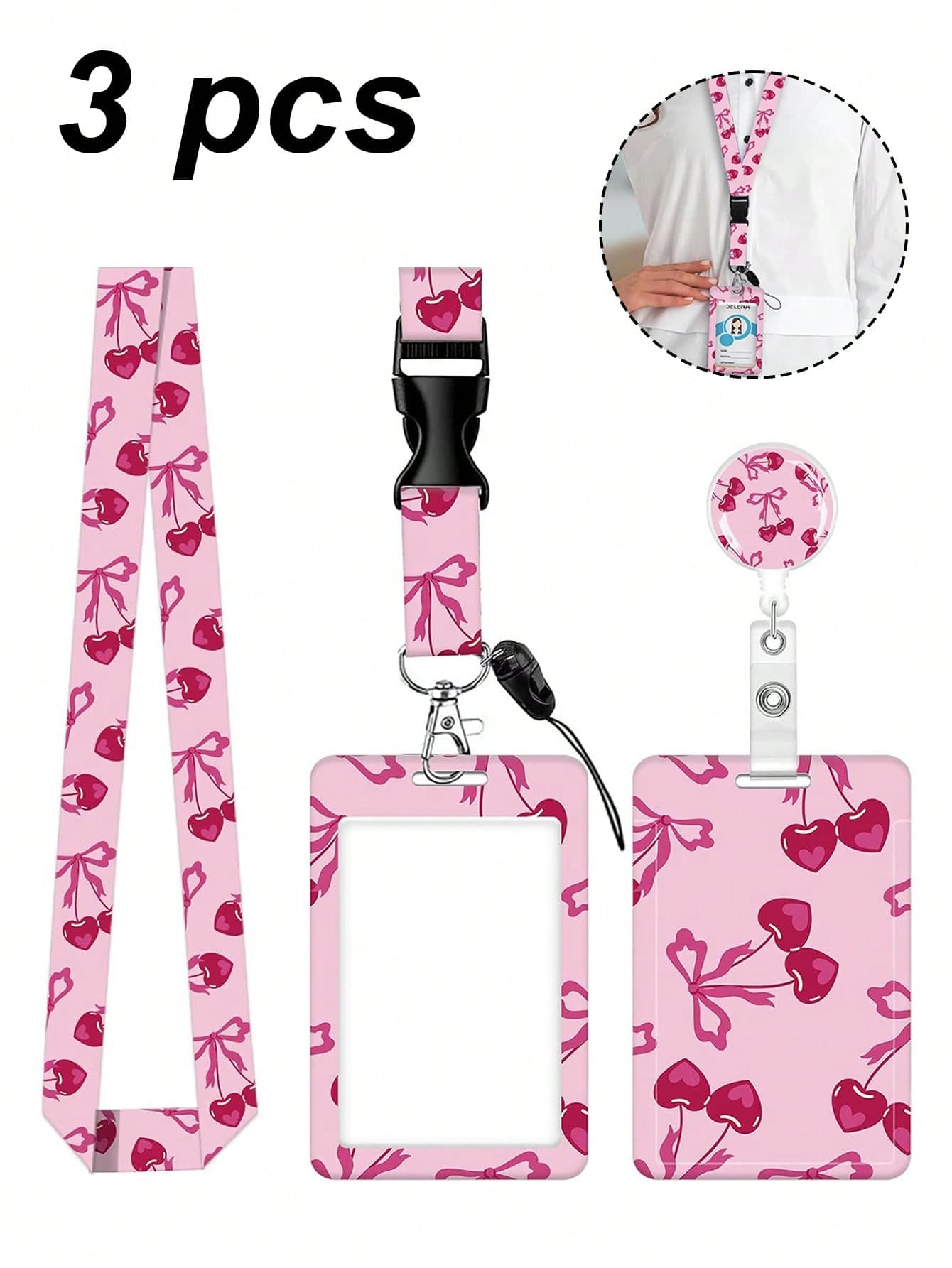Cherry Bow Pattern Design Retractable Badge Holder, Id Name Tag Worker Badge Carabiner Pink Retractable Badge Reel With Detachable Lanyard - Inspirational Quote Id And Keychain, Vertical Card Protector For Home Office Doctors Nurses Teachers Women Students And Professionals