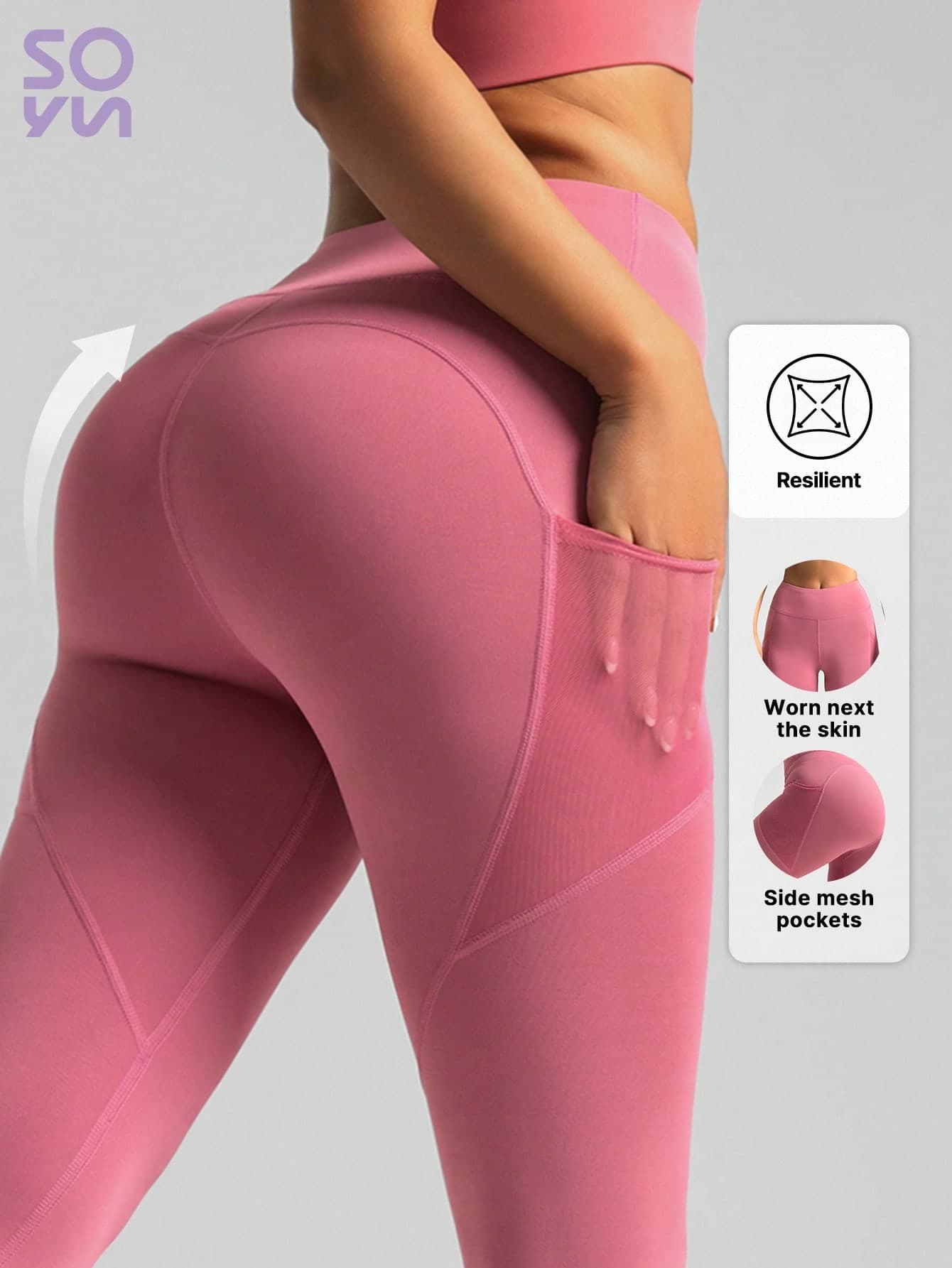 Soyun Women's One-Piece Side Pocket Fitness Pants, Suitable For Yoga, Outdoor Sports And Butt Lifting Pink Spring