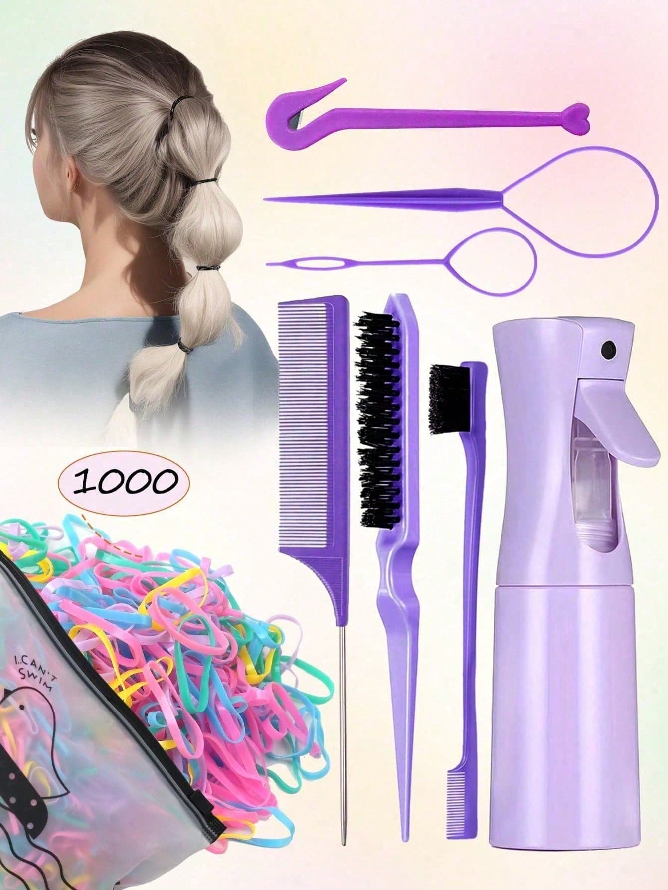 1/3/5/7/8/9pcs Hair Styling Set, 200ml Spray Bottle, Rat Tail Comb And Edge Comb, Colorful Hair Ties, Braiding Tools And Elastic Hair Trimmer