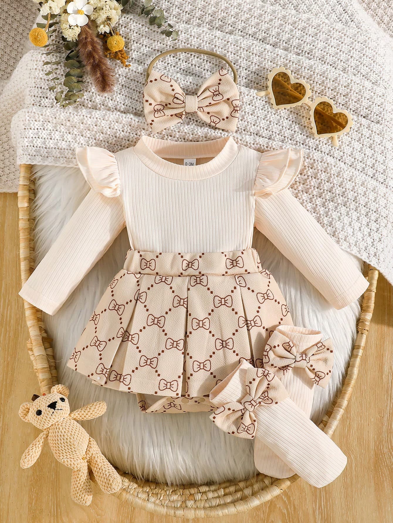 Baby Girls' Ribbed Ruffle Hem Bow Decor Bodysuit, Cute Baby Girl Bodysuit With Socks And Headband Set