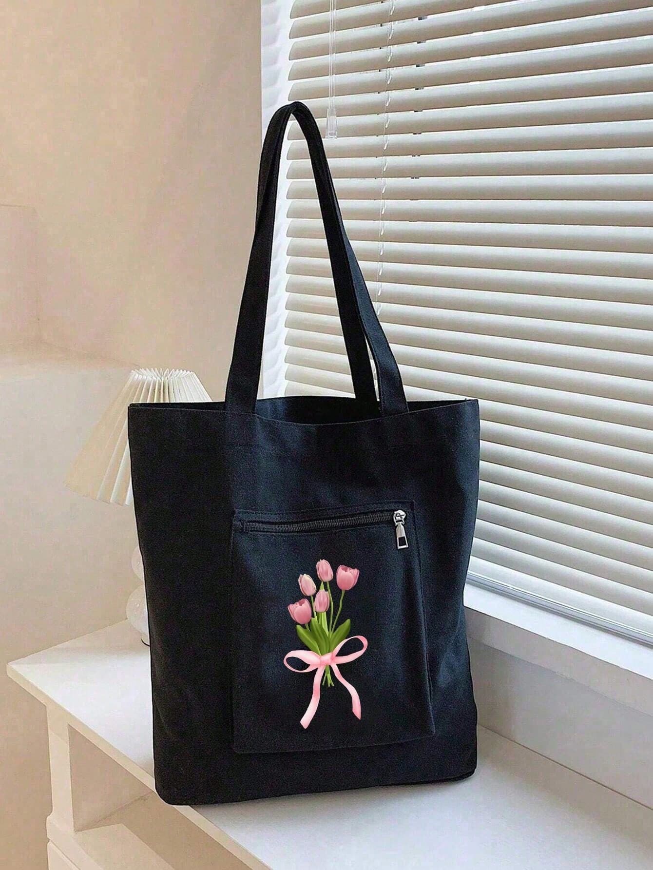 1pc Pink Floral Print Large Capacity Shoulder Tote Bag, Canvas Handbag, Shopping Bag, Party Bag, Wedding Birthday Party Favor Bag, Handmade Tote Bag, Party Gift Bag, Women Handbag, Canvas Bag