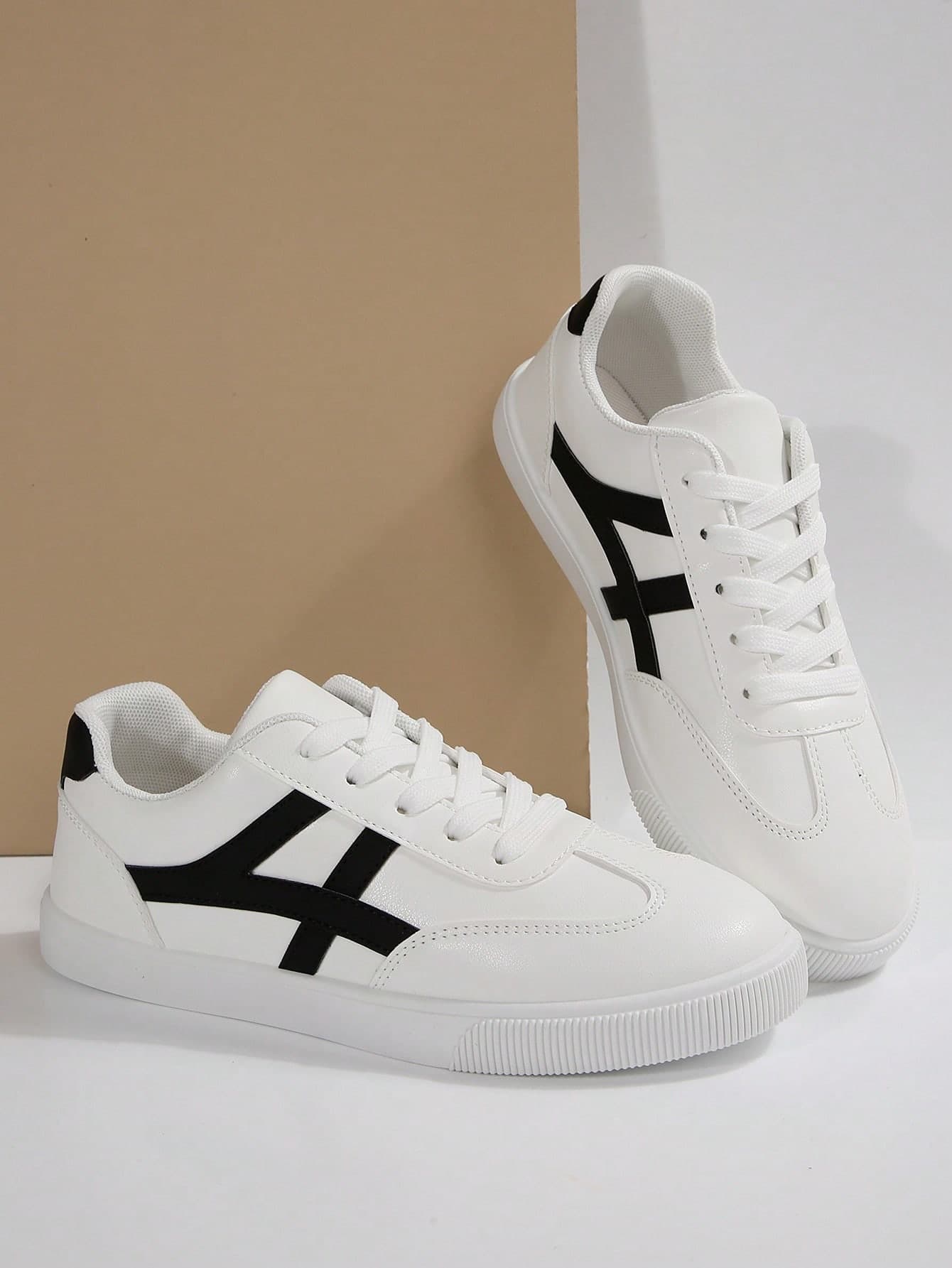 Women's Fashion New Spring/Autumn Round Toe Outdoor Casual Sports Shoes, Geometric Patchwork Striped Pink PU Faux Leather Upper Dexun Shoes, Comfortable Soft Casual Sneakers Skate Shoes White Shoes