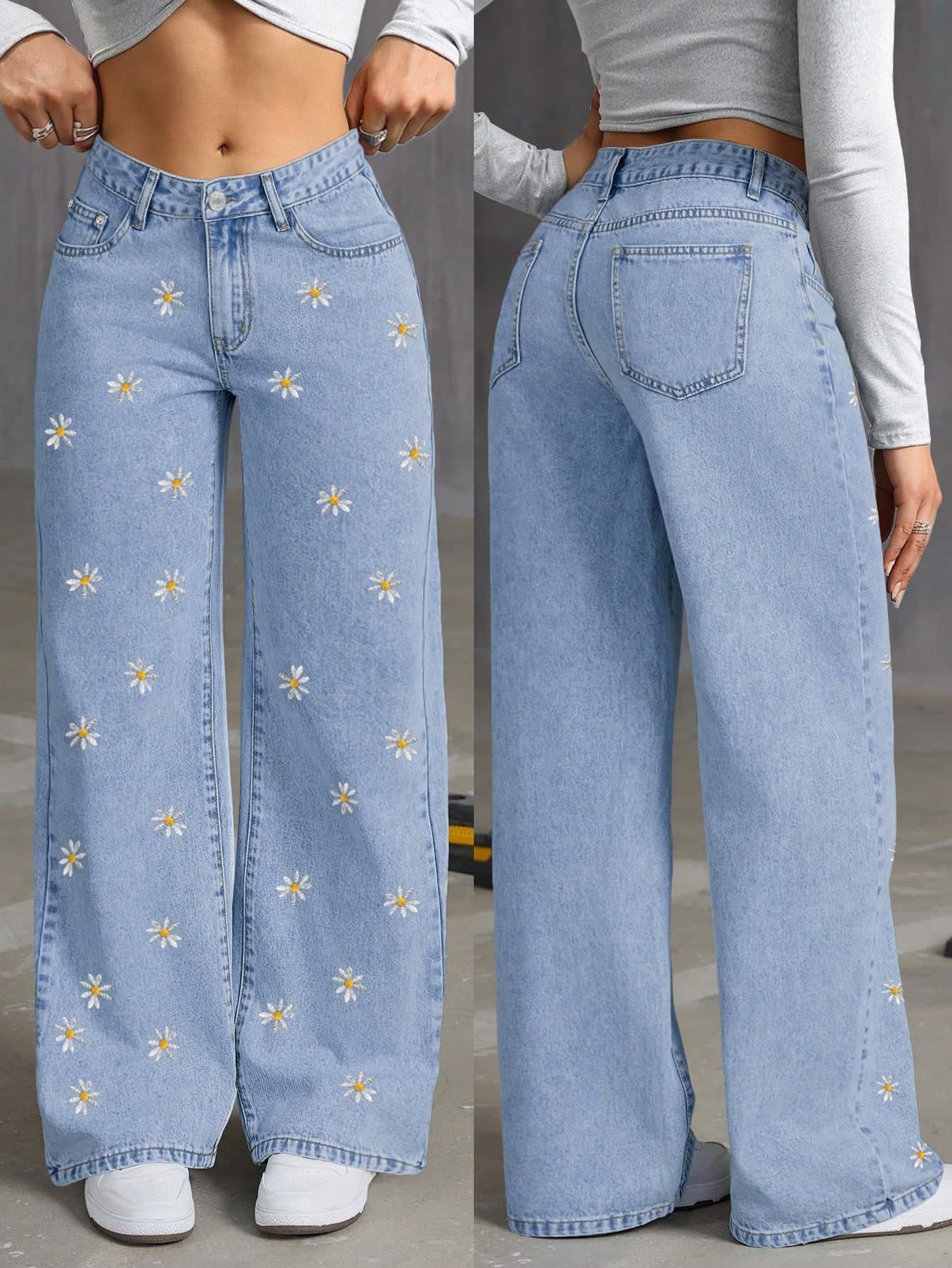 Vintage Washed Blue Floral Embroidered Loose Wide Leg Straight Jeans, Fashionable Casual For Spring/Summer