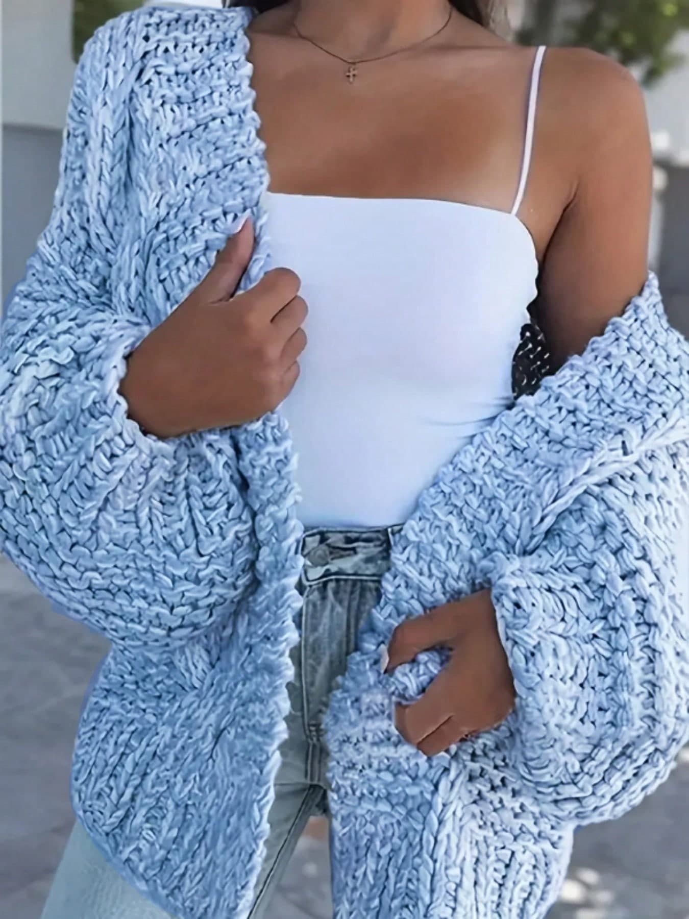 Elegant & Graceful Plus Size Women's Knit Cardigan, Minimalist Fashion, Long Sleeve, Solid Color, Cable Knit, Open Front, Suitable For Autumn/Winter
