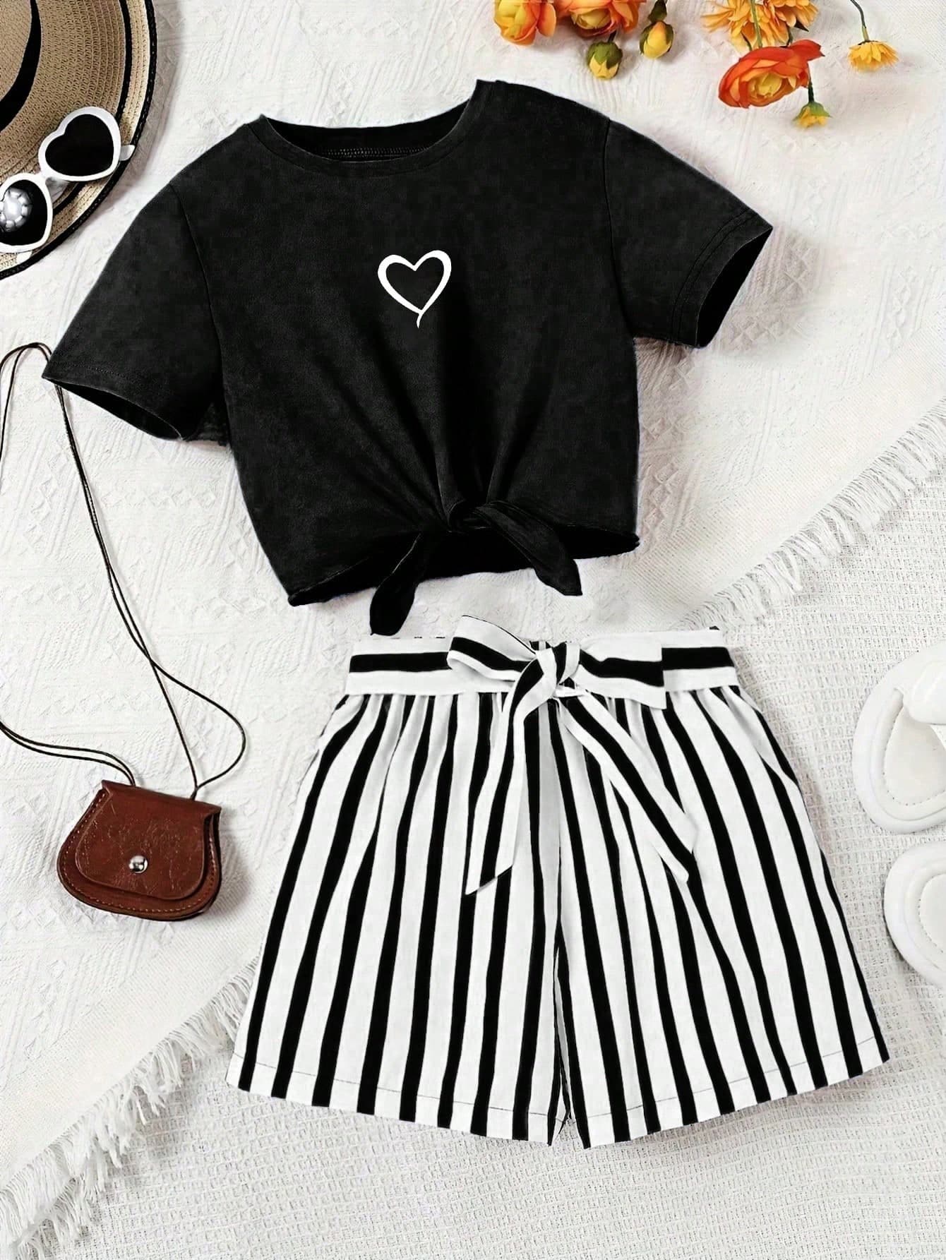 2pcs Tween Girl Casual Daily Wear Love Print Short Sleeve T-Shirt And Striped Shorts Set With Random Striped Belt