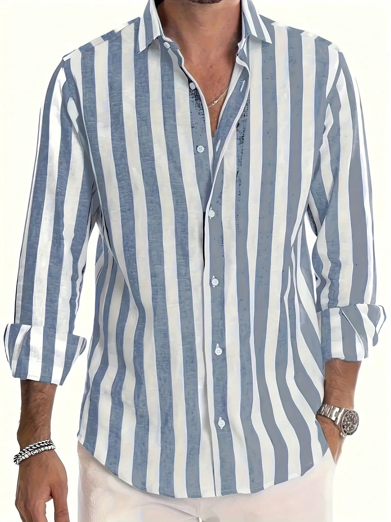 Men's Loose Fit Stiff Thick Material Non-Stretch Summer Fashion Minimalist Long Sleeve Button-Up Casual Turn-Down Collar Shirt