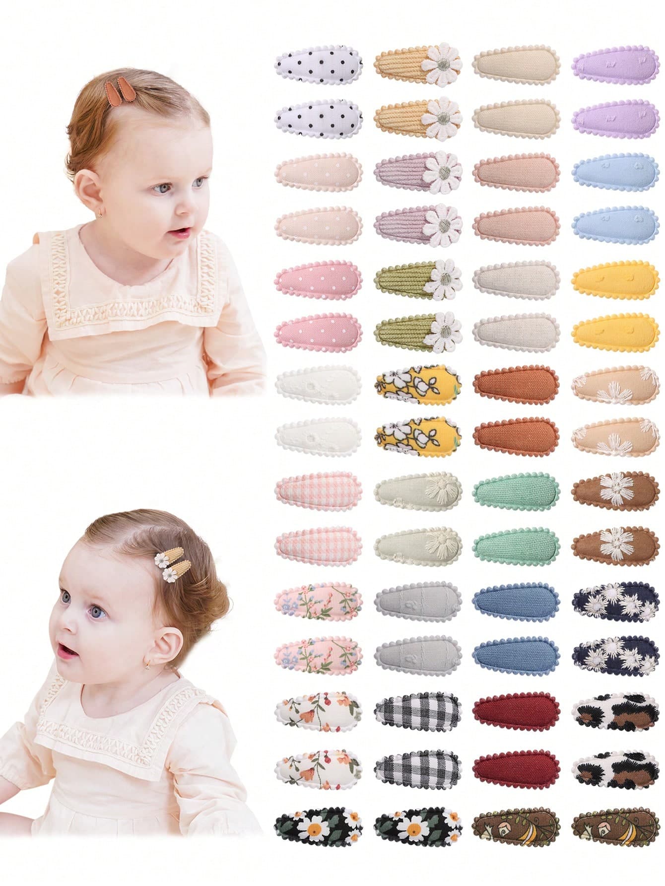 50/20/10 Pieces Baby Girl Cute Toddler Press Button Hair Clips With Flower Pattern - Children BB Clips Fabric Embroidery Water Drop Clips, Printed Hair Clips Baby Bangs Clips, Headdresses Hair Accessories Approx. 3.81 Cm Mini Hair Clips And Accessories For Baby Girl, Infant, Toddler