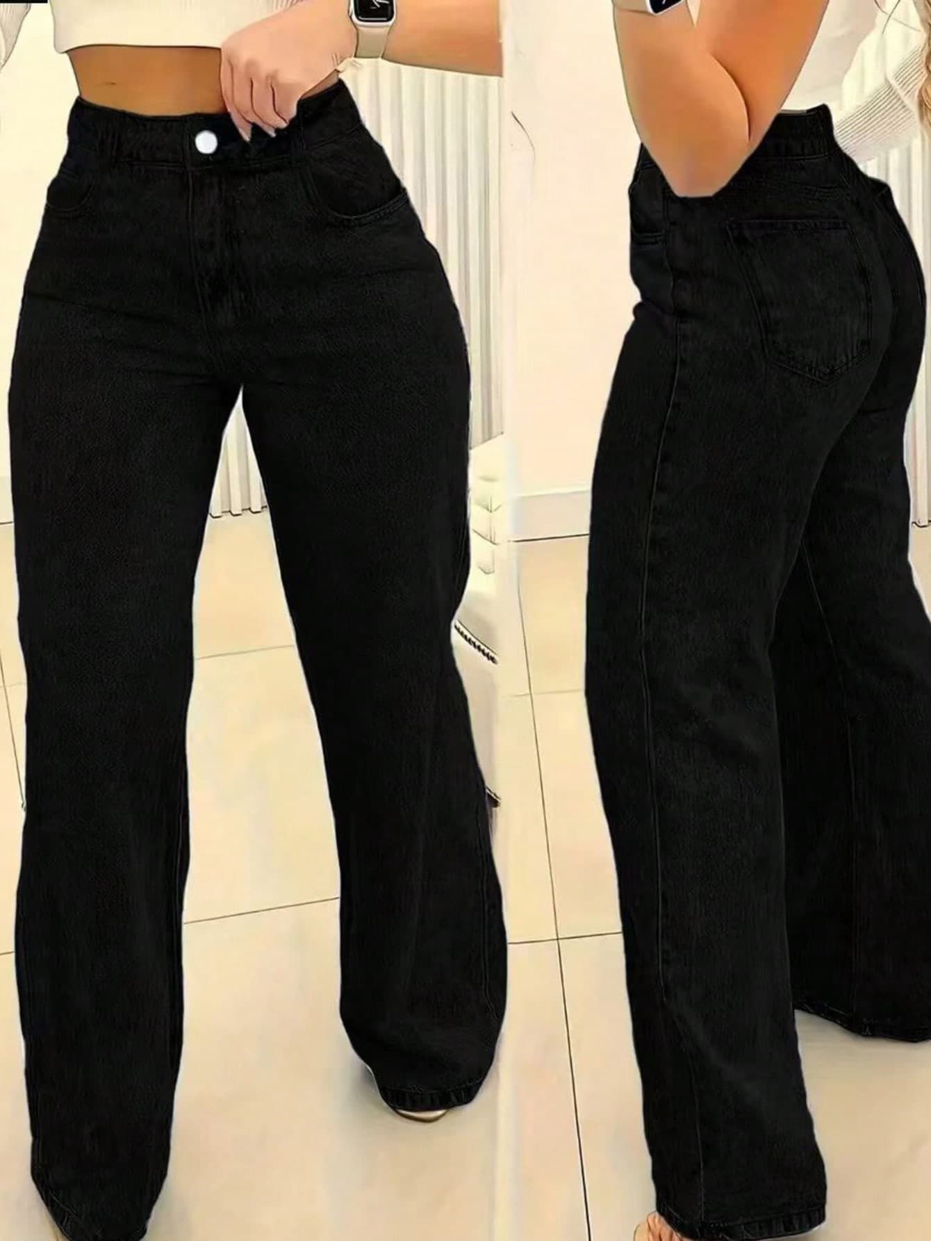 Women's Pocket Straight Loose Casual Versatile Jeans Spring Black