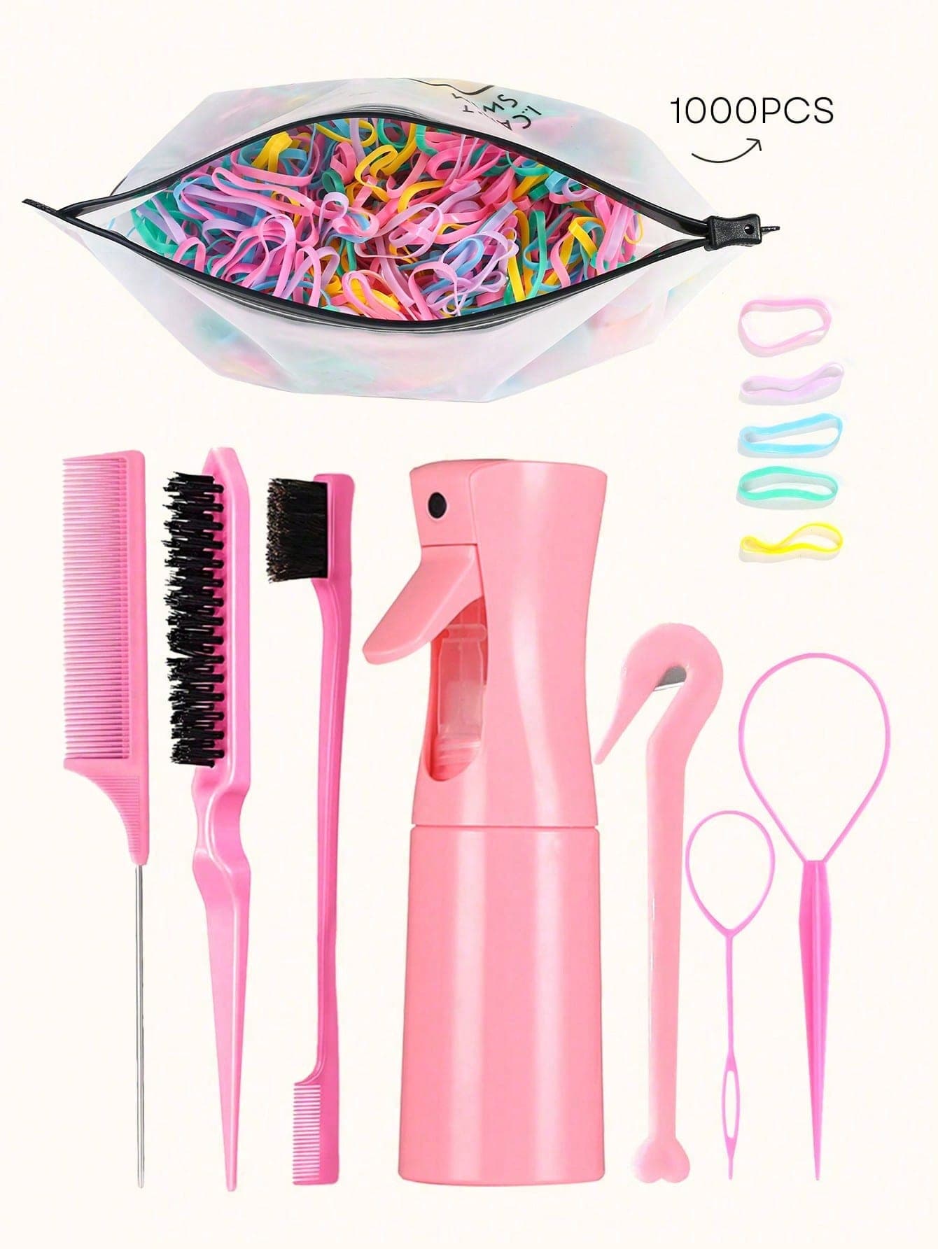 1/3/5/7/8/9pcs Hair Styling Set, 200ml Spray Bottle, Rat Tail Comb And Edge Comb, Colorful Hair Ties, Braiding Tools And Elastic Hair Trimmer