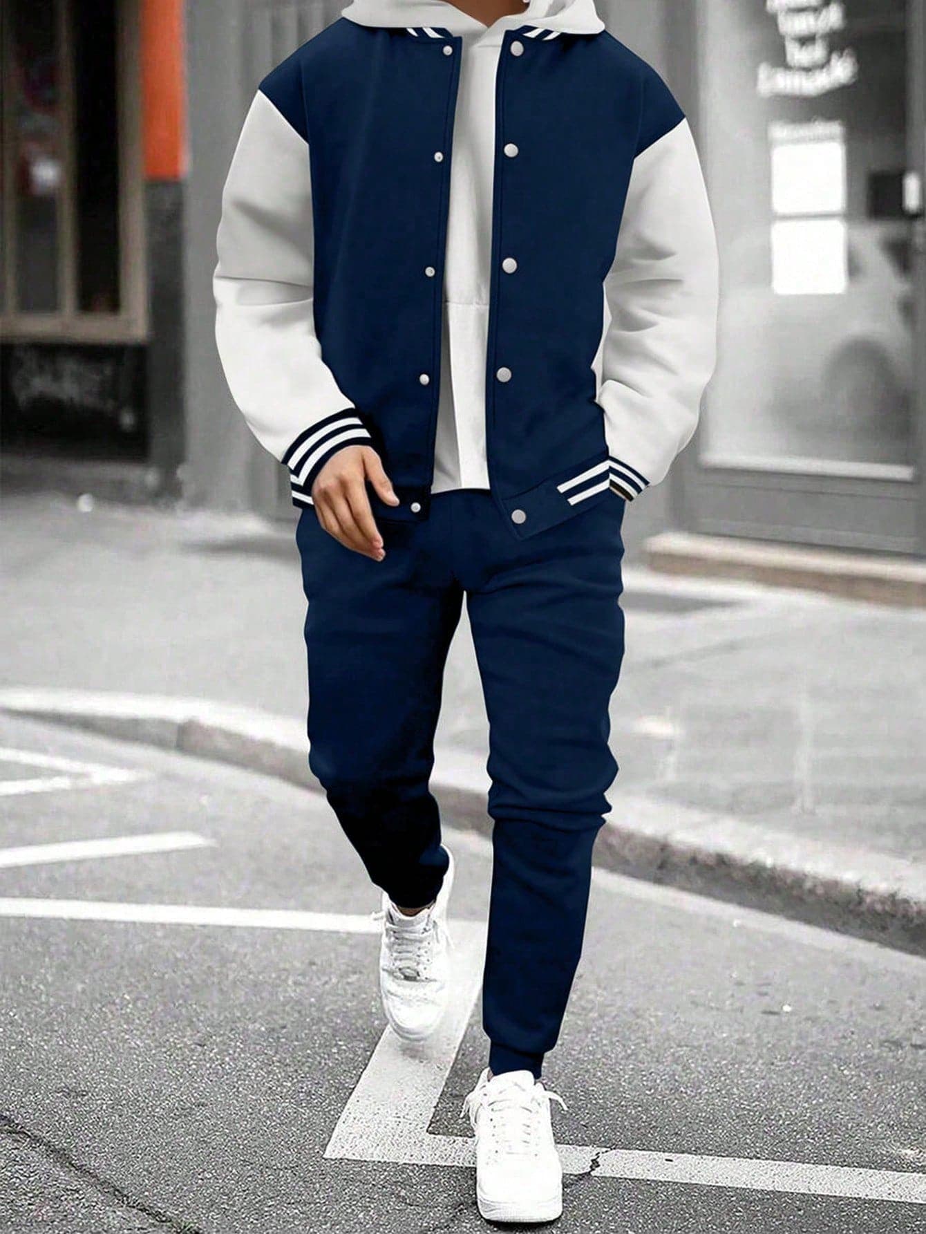 2pcs/Set Teen Boys Casual Outdoor Contrast Color Jacket And Sports Pants Set