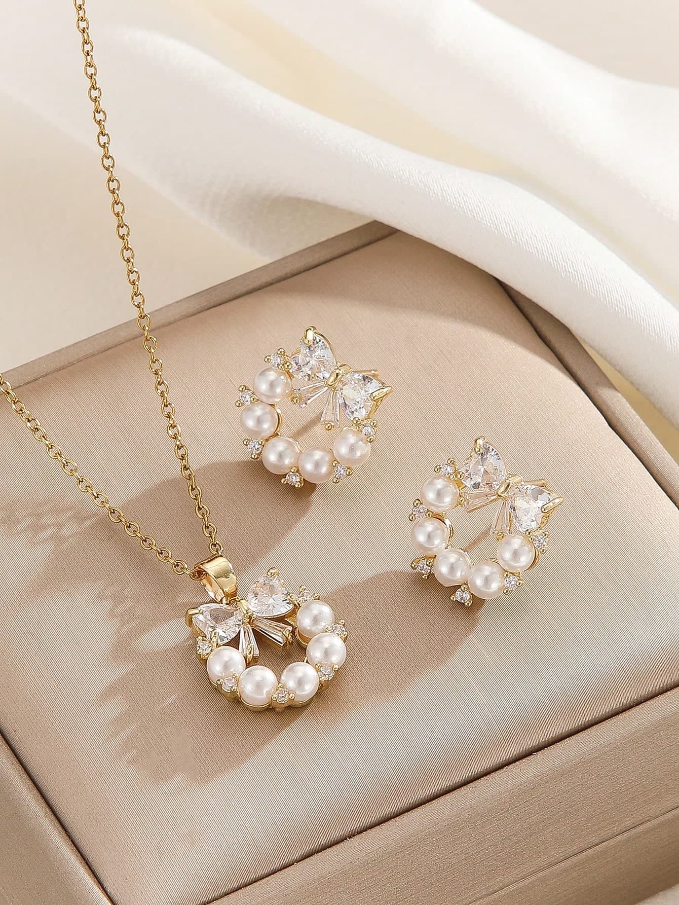 1 Set Stainless Steel Chain Zirconia Bowknot Floral Pendant Necklace & Earrings Set, Fashion Jewelry Gift Accessories For Women