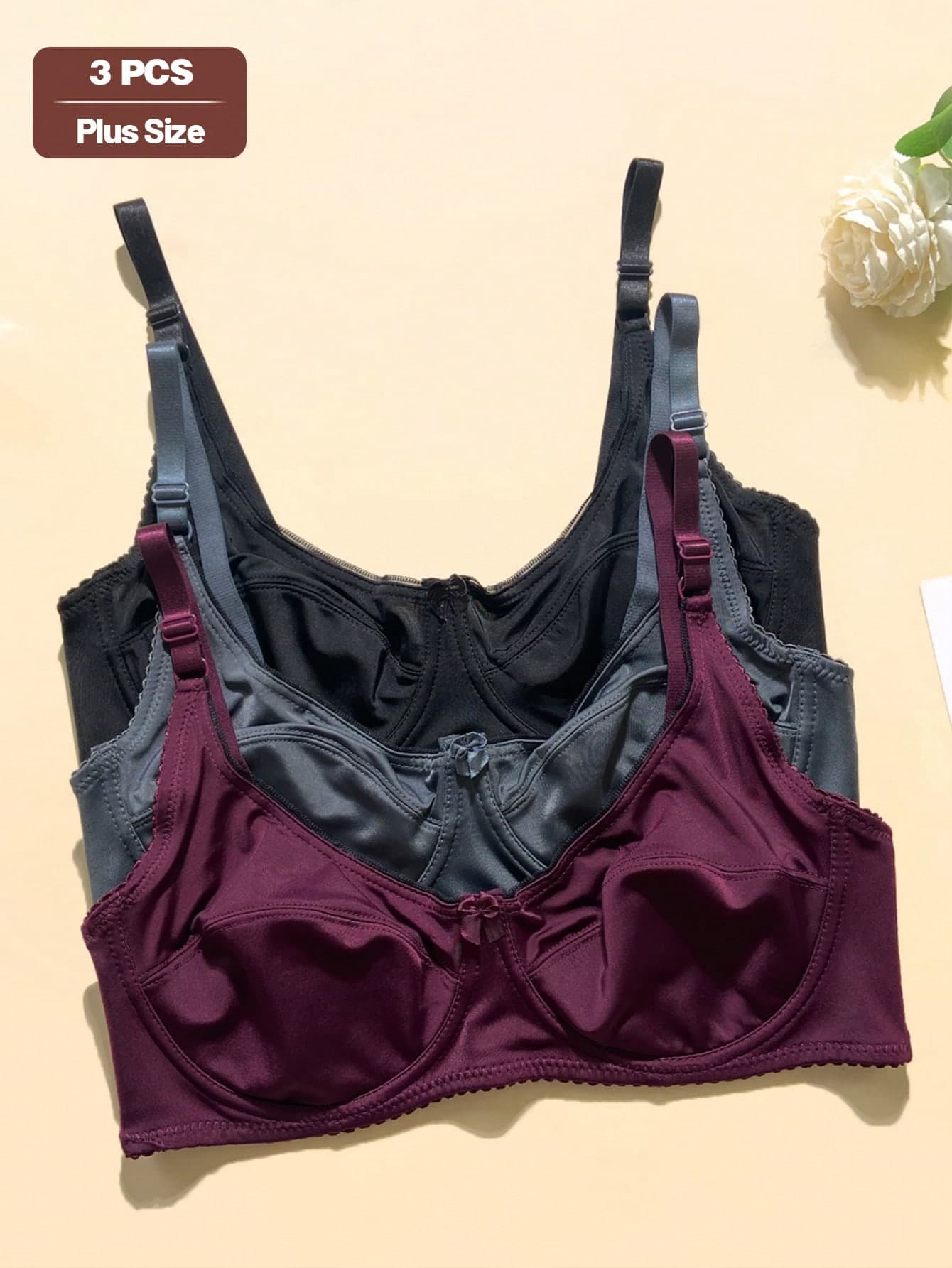 Slumbrini 3pcs Solid Color Casual - Comfortable Minimalist Casual - Sports Casual Knit Fabric Bow Front Plus Size Bras For Women, Lift