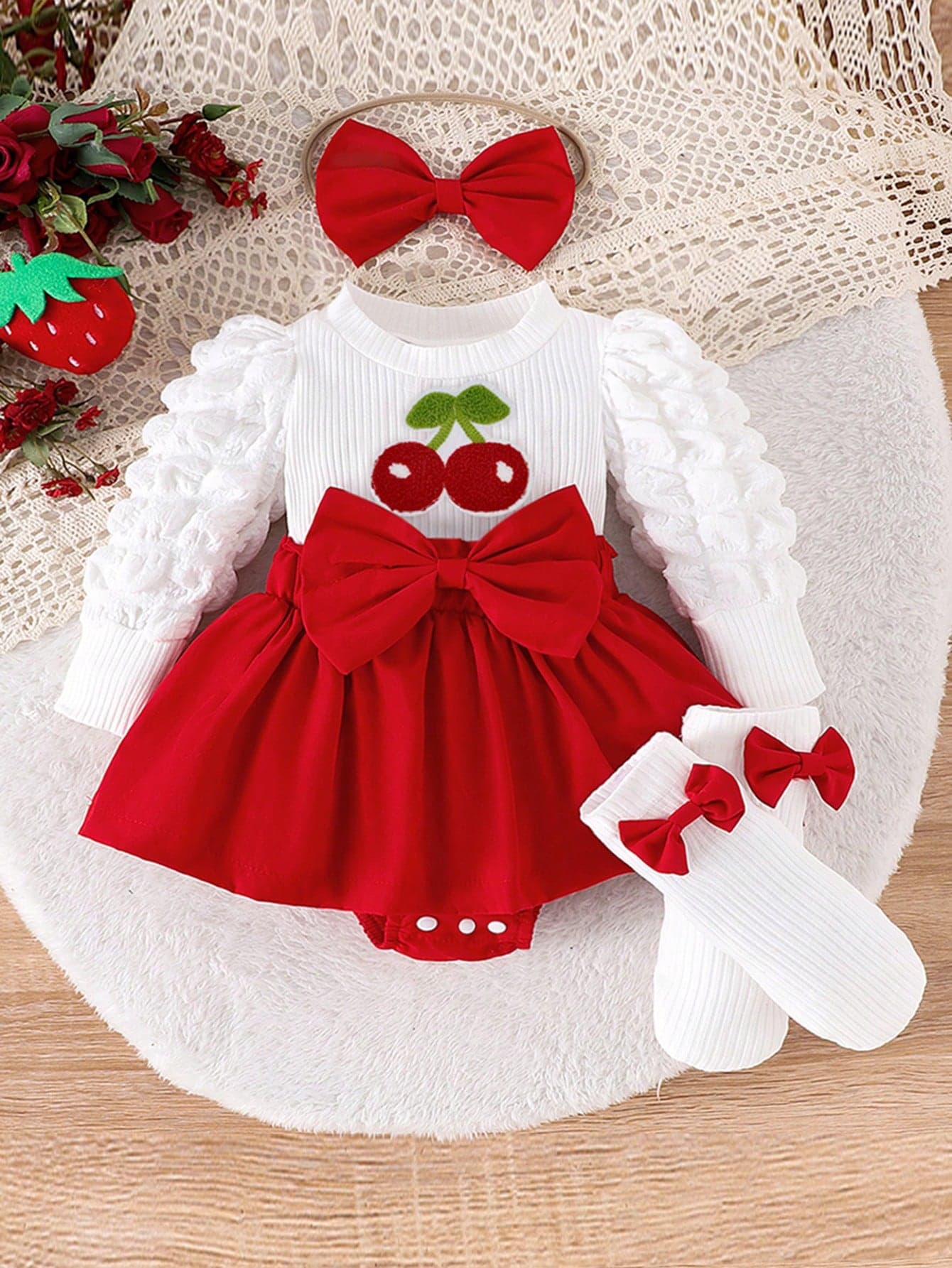 Baby Girl Cherry Embroidered Bow Decor 2 In 1 Bubble Long Sleeve Bodysuit Dress With Bow Headband And 1 Pair Bow Decor Socks Cute Set