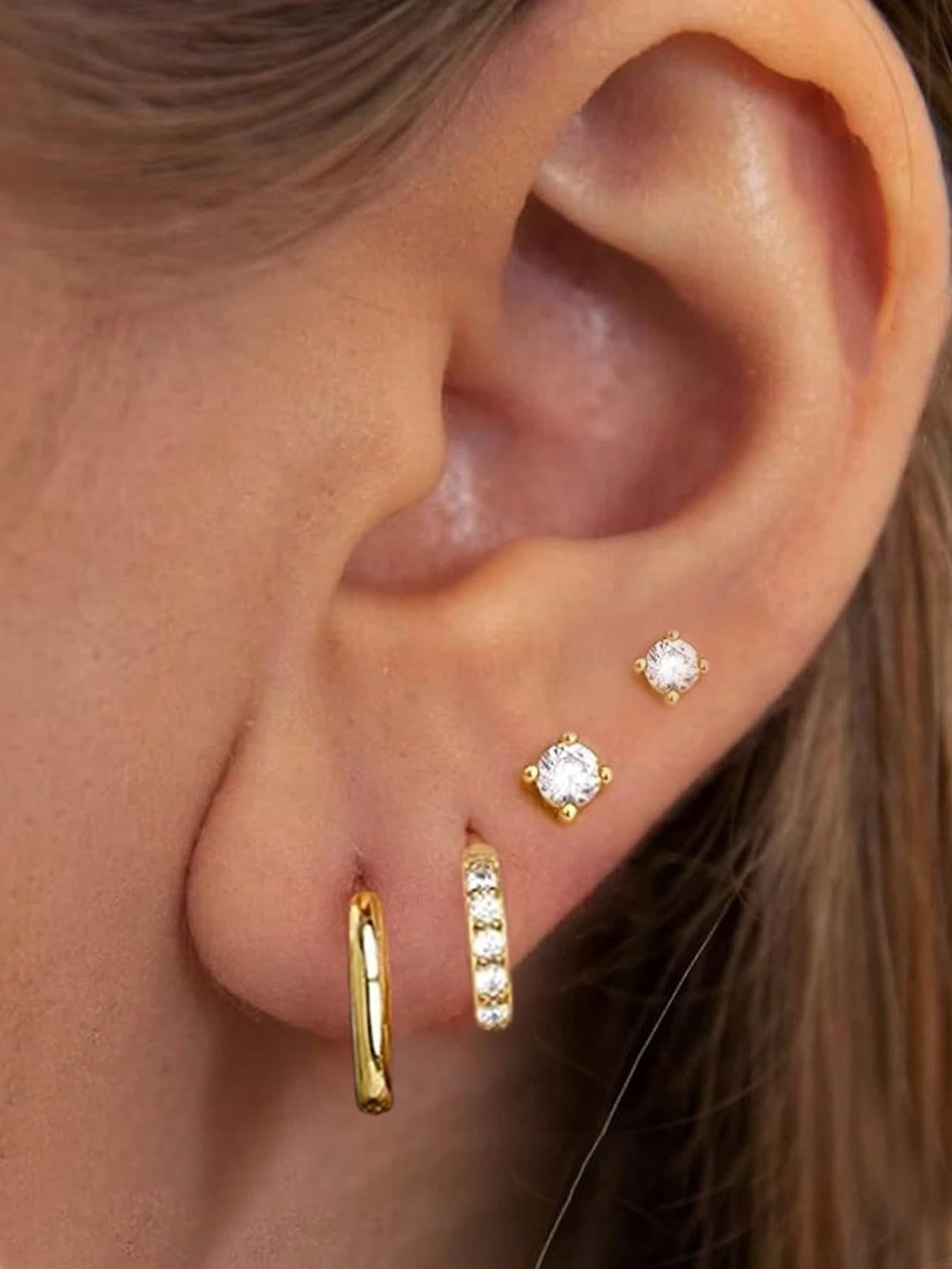 4 Pairs Zirconia Earring Set, 14K Gold Plated Delicate Flat Stud Earrings, Suitable For Earlobe, Cartilage, Helix Piercings, For Girls And Women