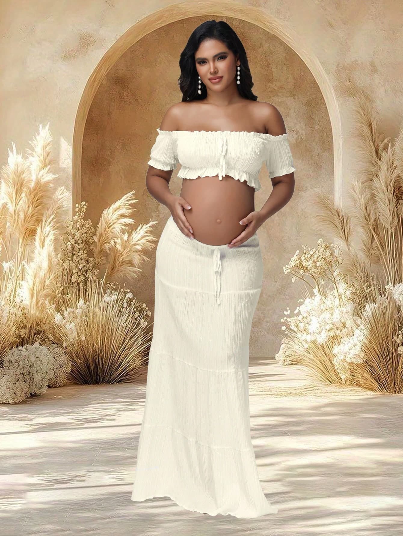 JustVH 2pcs/Set Maternity Open Shoulder Ruffle Hem Crop Top And Flowing Maxi Skirt Set, Suitable For Photography And Beach Wear Spring