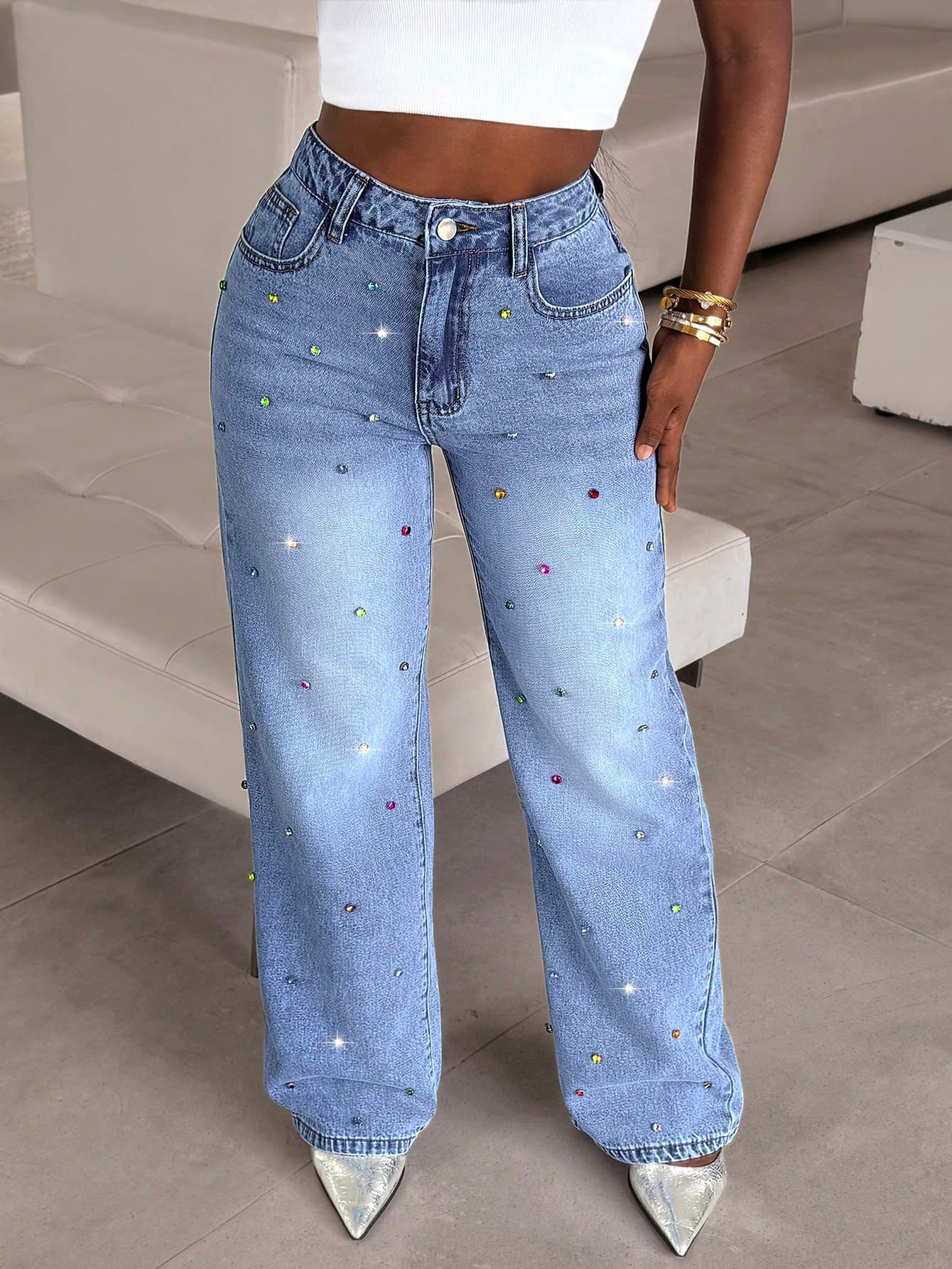 2025 Autumn/Winter New Fashion Rhinestone Decor Wide Leg Jeans - Elegant Party & Daily Straight Leg Women Denim Pants Casual Vacation Spring