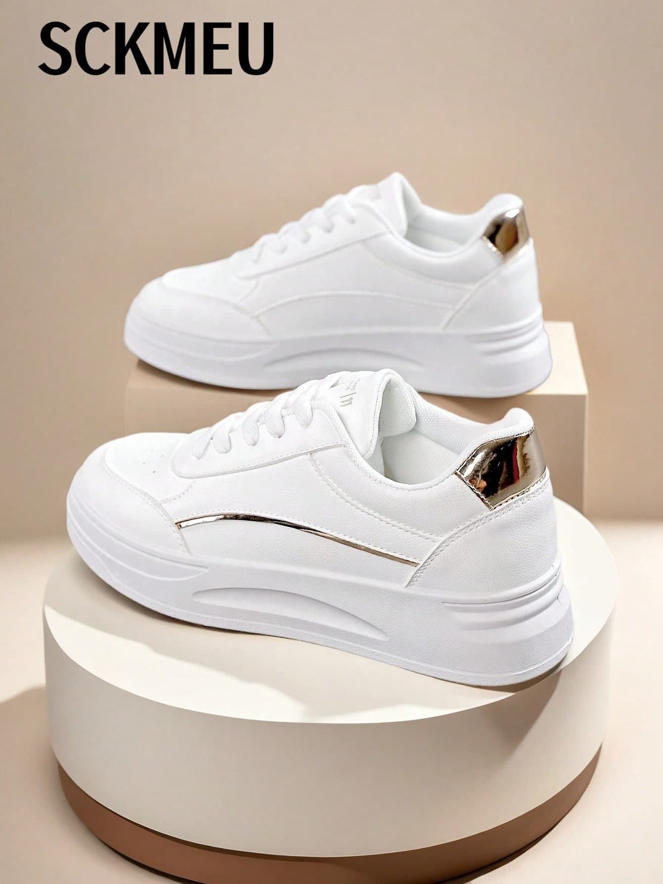 SCKMEU. Women Lace Up Sneakers, Sporty Outdoor White Skate Shoes