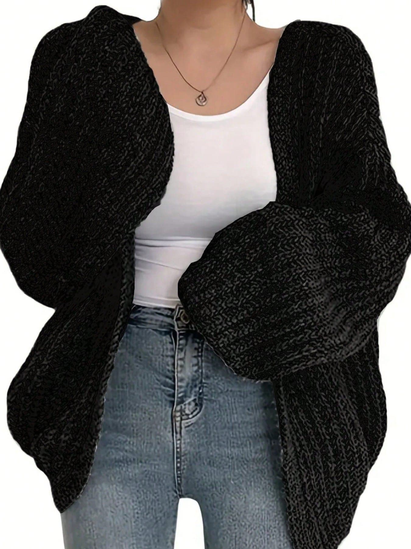 Plus Size Curved Fit Lantern Sleeve Chunky Knit Cardigan Sweater, Autumn/Winter Casual Loose Warm Outerwear, Ribbed Knit Top Black