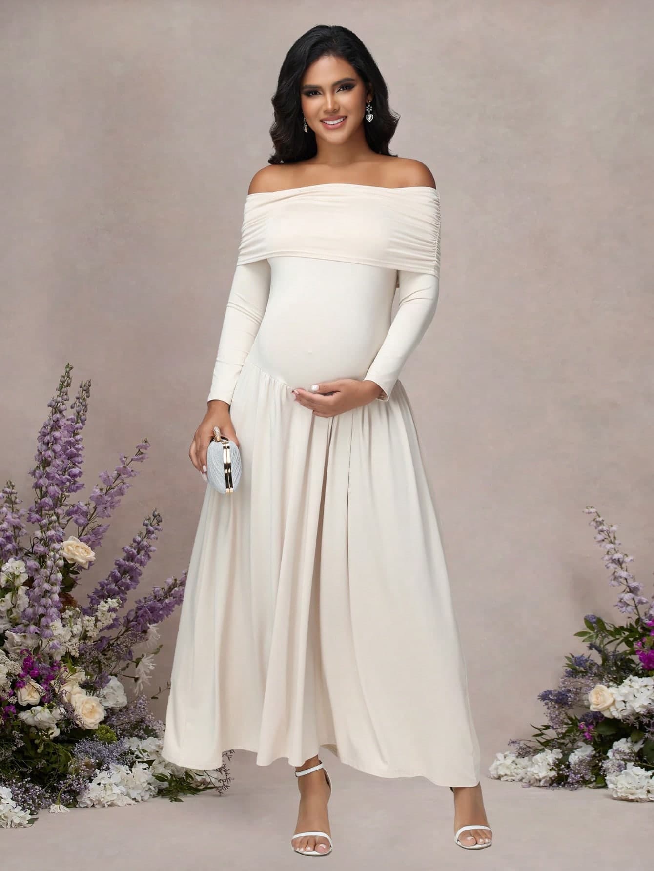 JustVH Maternity Off Shoulder Long Sleeve Solid Color Dress Autumn And Winter Pregnant Long Dress For Baby Shower Party, Gender Reveal