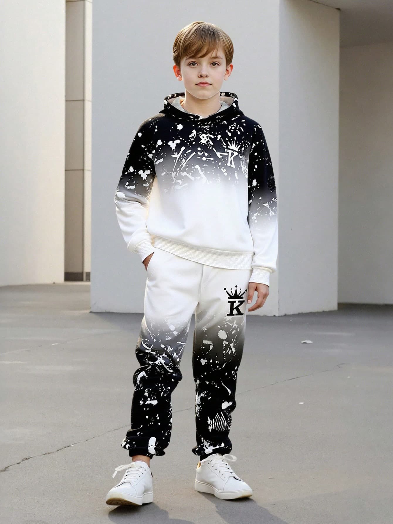 Tween Boys Spring/Autumn/Winter 2 Pieces Set, Long Sleeve Hoodie Sweatshirt And Jogger Pants, Splatter Print Design, Casual Warm Knit Outfit