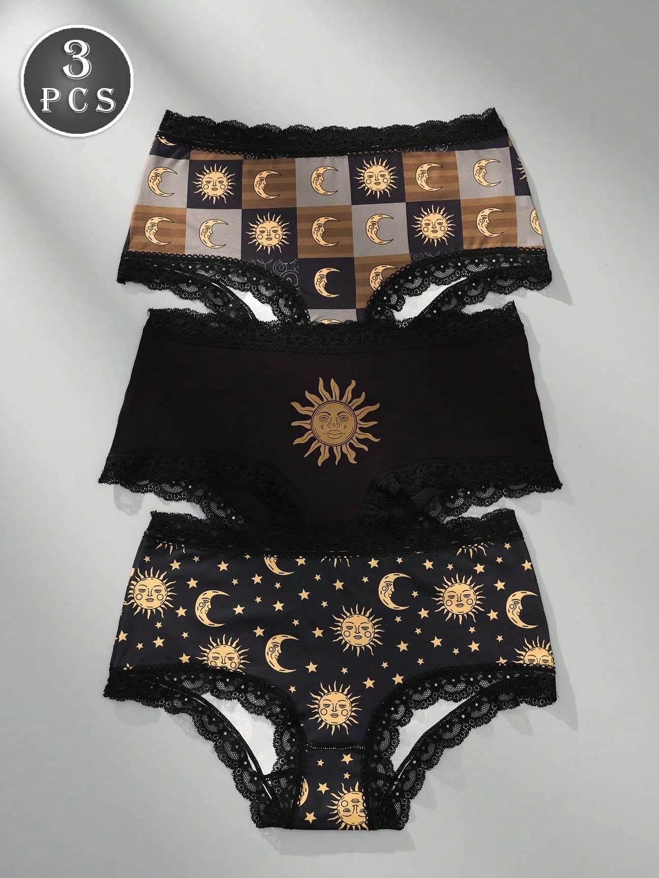 3pcs Gothic Style Sun, Star, Moon Printed Lace Patchwork Comfortable Silky Sexy Panties For Women