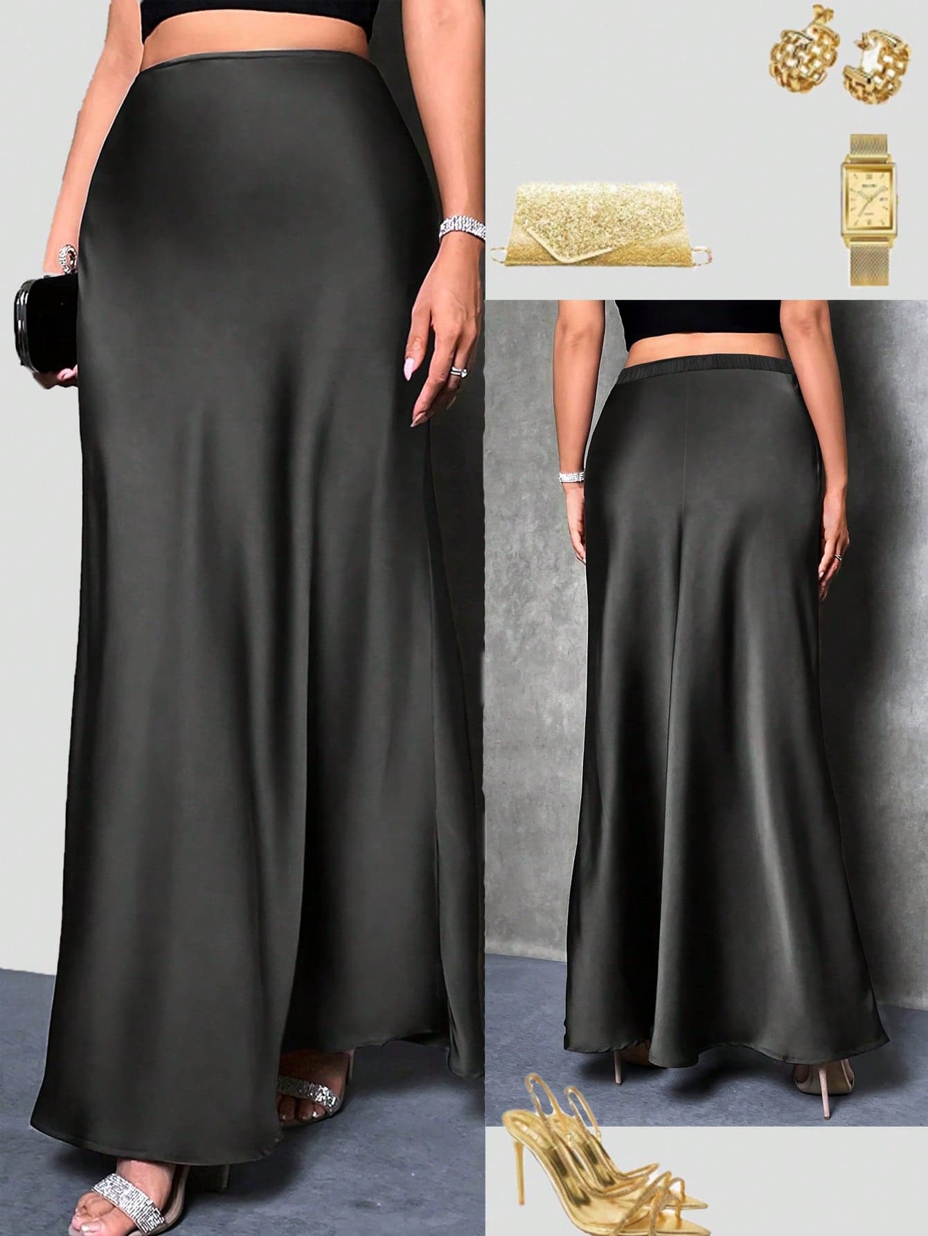 Plus Size Women Elegant Maxi Satin Skirt, Solid Color Black Spring