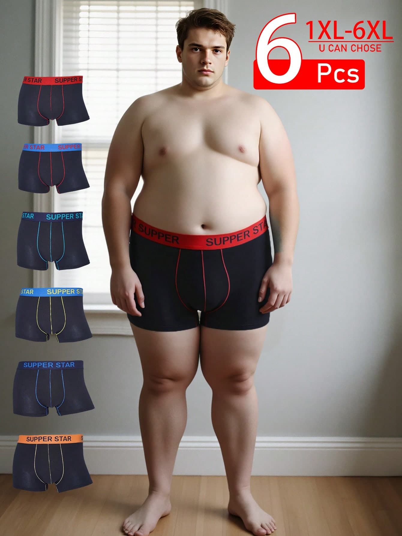 6Pcs Plus Size Men's Boxer Briefs,Solid Black With Multi Color Supper Star Printed Waistband, Simple Basic Style Comfort Underwear For Daily Home Wear