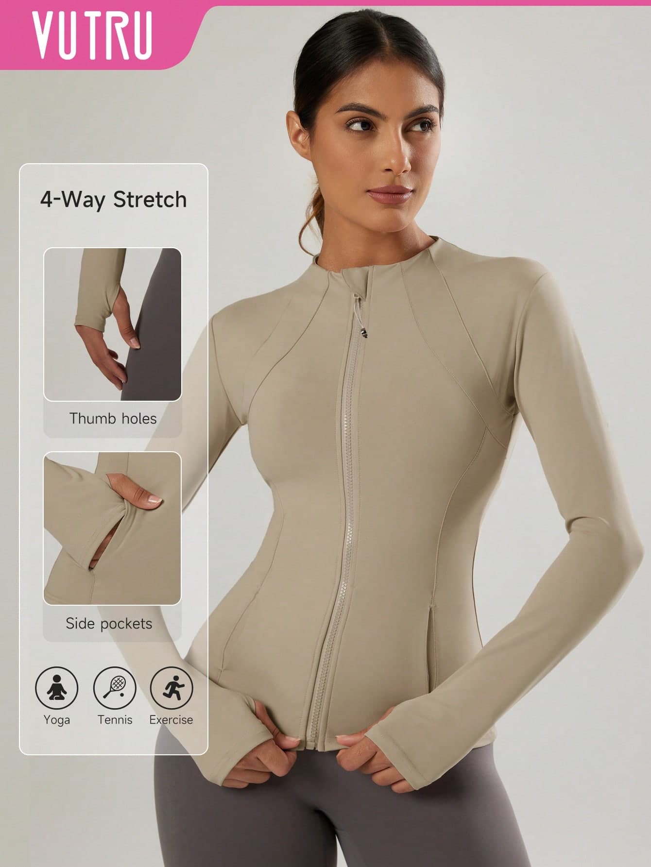 VUTRU Women's Long Sleeve Jacket With Dual Pockets, Thumb Hole, Suitable For Running & Fitness Spring Sports