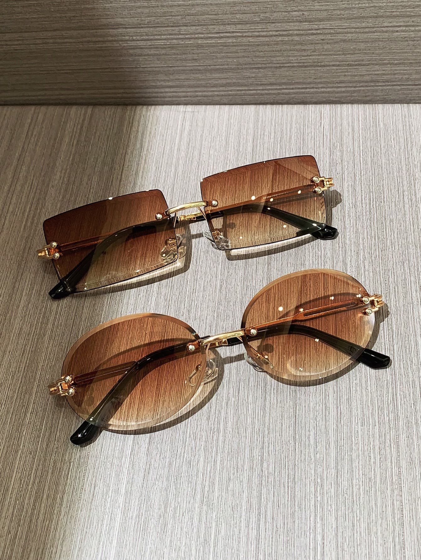 2 Pcs Frameless Rectangular Metal Sunglasses, Retro UV Driving Shades For Travel And Beach