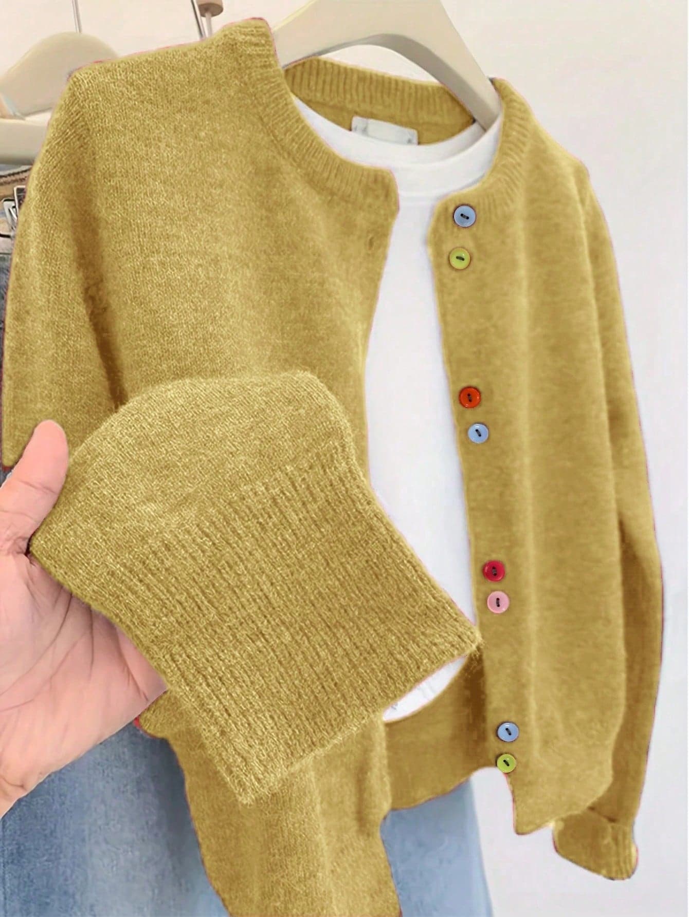 Plus Size Women Colorful Button Casual Long Sleeve Crew Neck Cardigan Sweater, Autumn/Winter Holiday Party Tops, Yellow