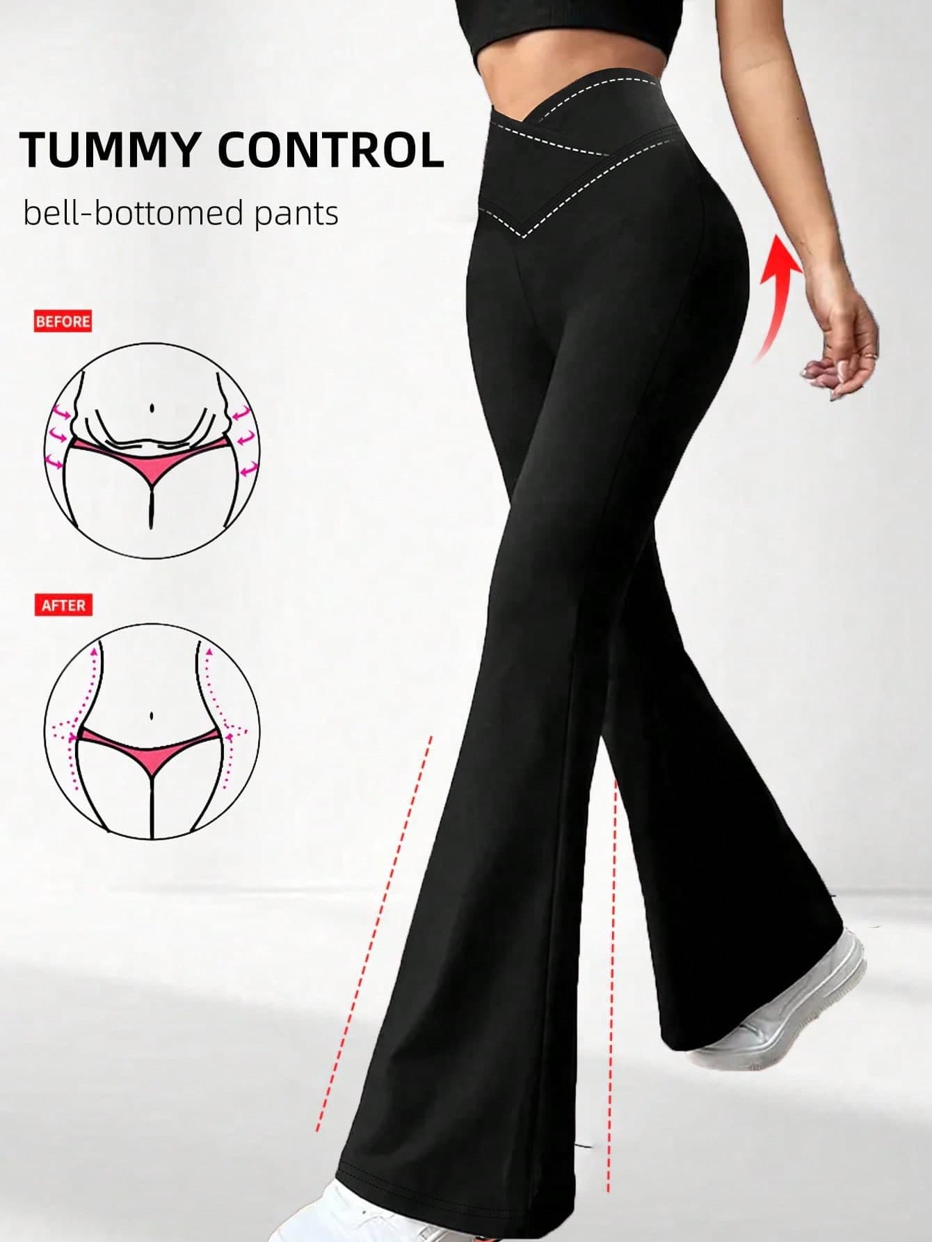 Women's Crossover Waist Flare Pants, Elastic Polyester Solid Color Sports Yoga Pants, Crossover Waist Personalized Casual Long Pants Black