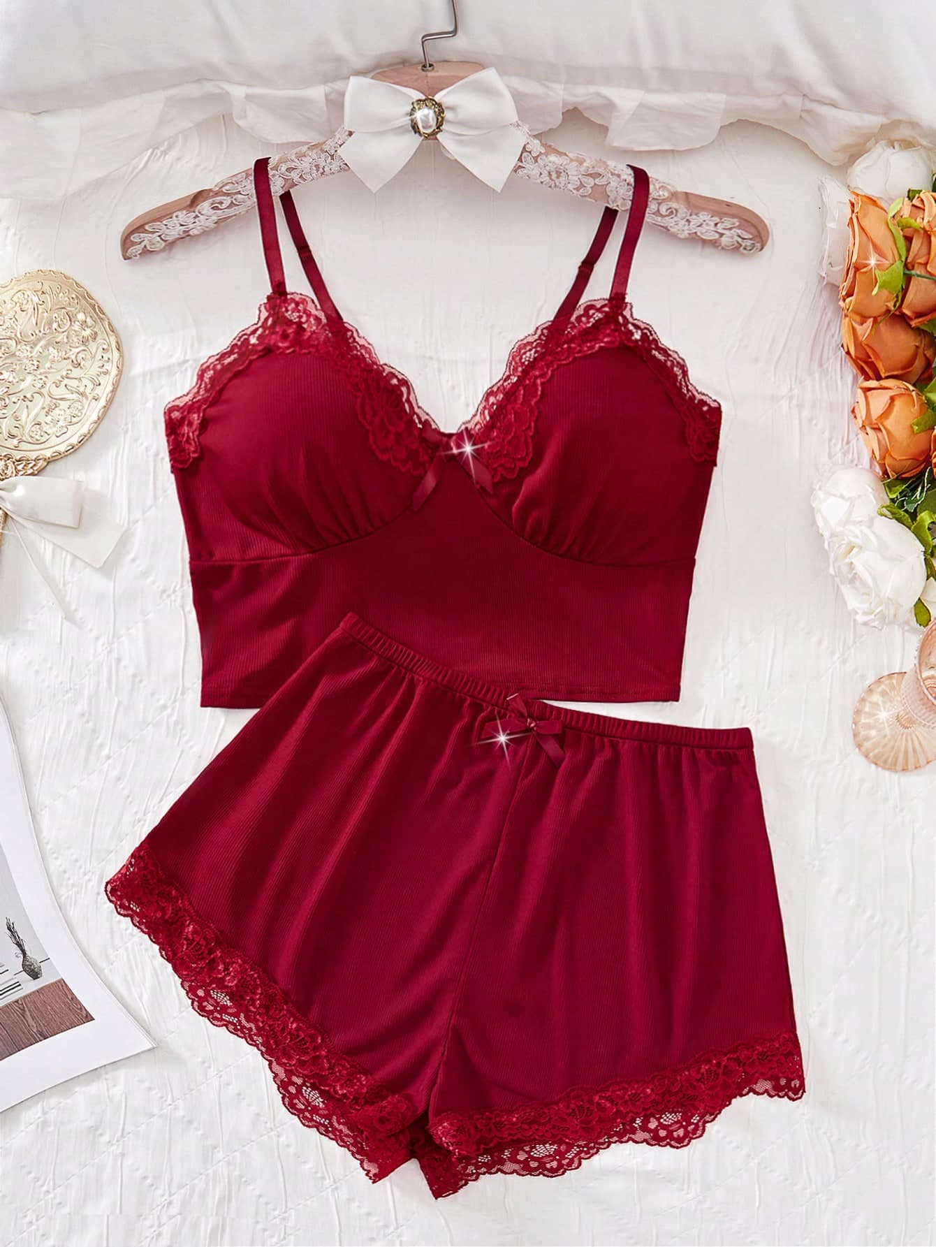 2pcs Floral Lace Pajama Set, V-Neck Solid Comfortable Knit Striped Underarm Fabric Bow Tie Top And Shorts, Women Sleepwear, Christmas Gift