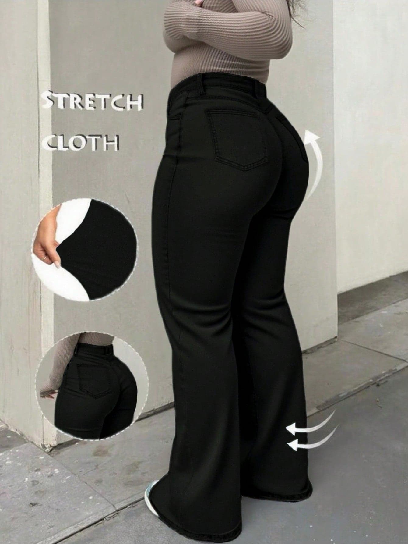 Plus Size Casual Flared Jeans, Elegant Fashionable Outdoor,Halloween, New Year, Country Black