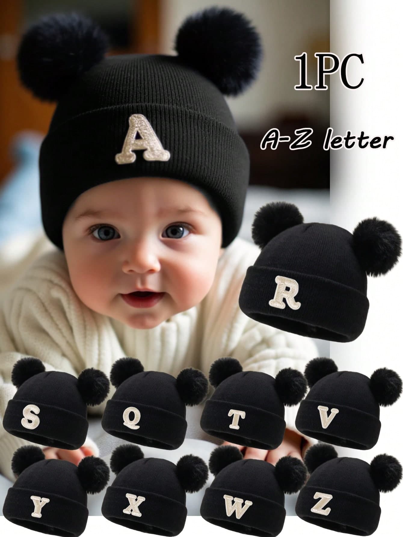 1pc Personalized Embroidered Knit Baby Hat, 26 Letter Knit Hat For Toddlers & Children, Handmade Skull Cap For Baby Girls, Suitable For 0-3 Years Old Daily Wear