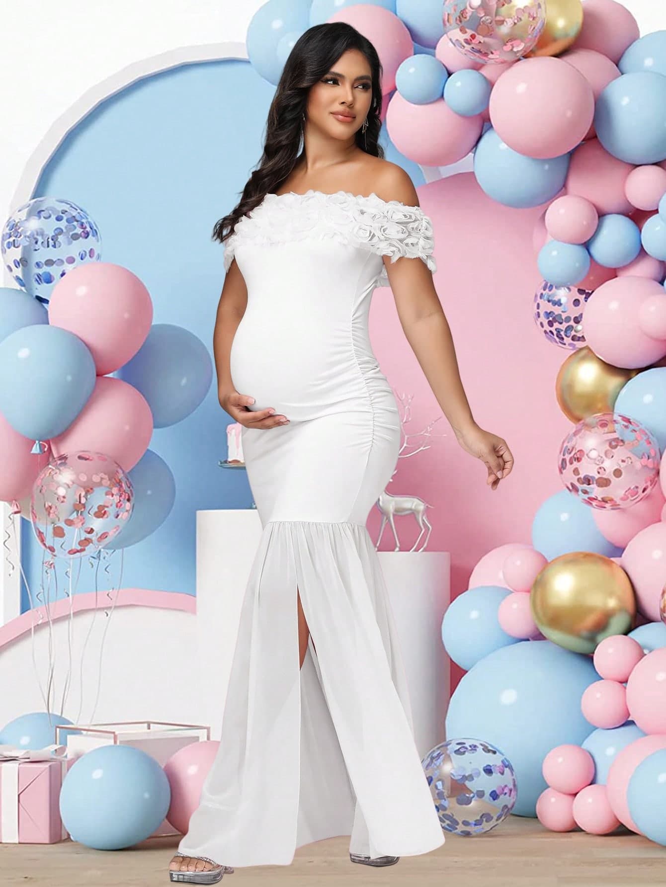 JustVH Maternity Floral Off-Shoulder Dress Elegant Chiffon Slit Hem Gown For Baby Shower Photoshoot White