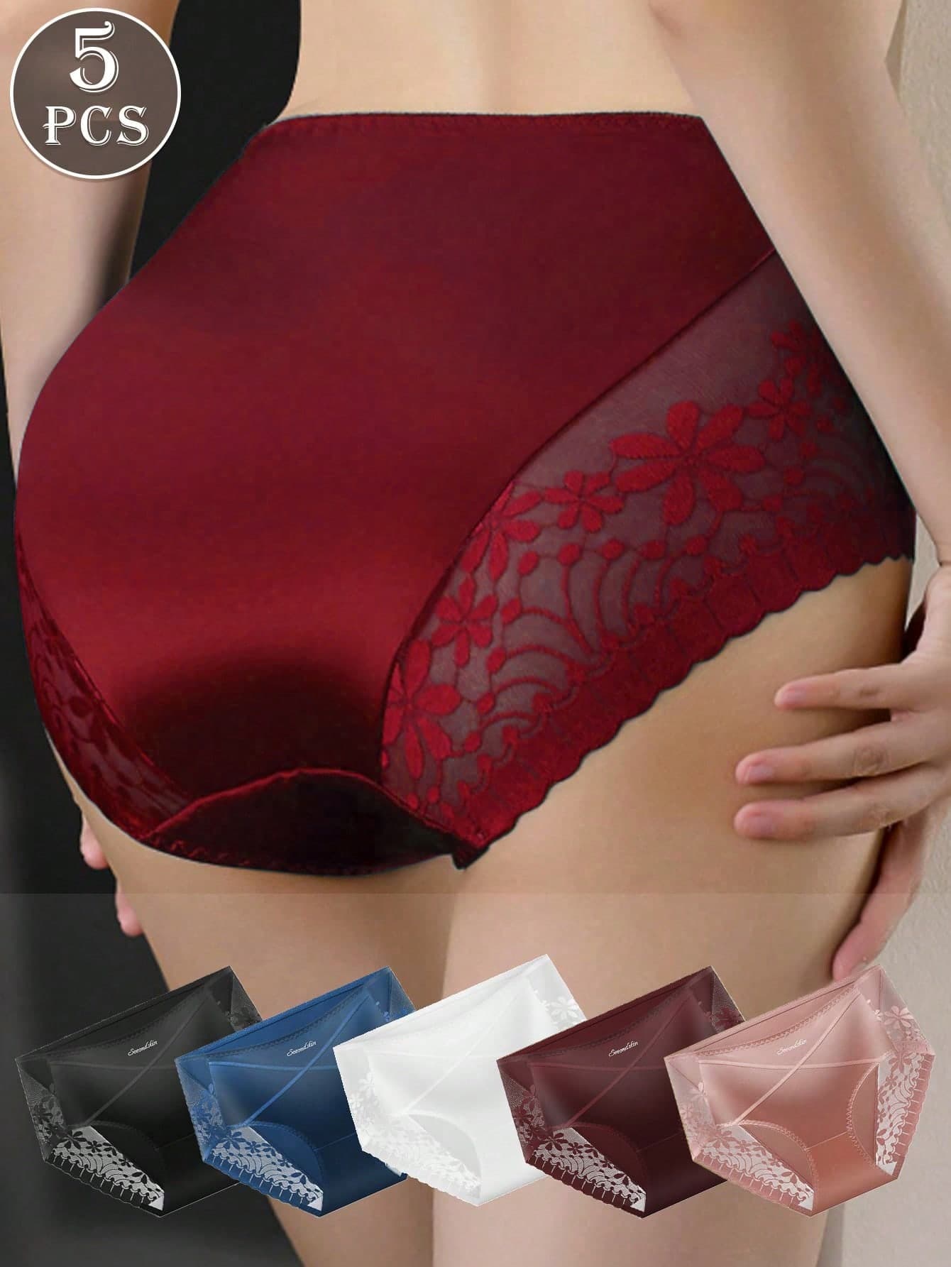 5pcs Women's Sexy Semi-Sheer Lace Panties, Satin Color