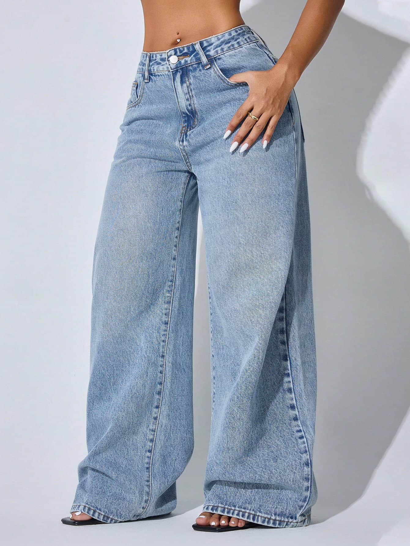 Low-Waist Wide-Leg Casual Blue Jeans With Slant Pockets, Summer Clothing Spring