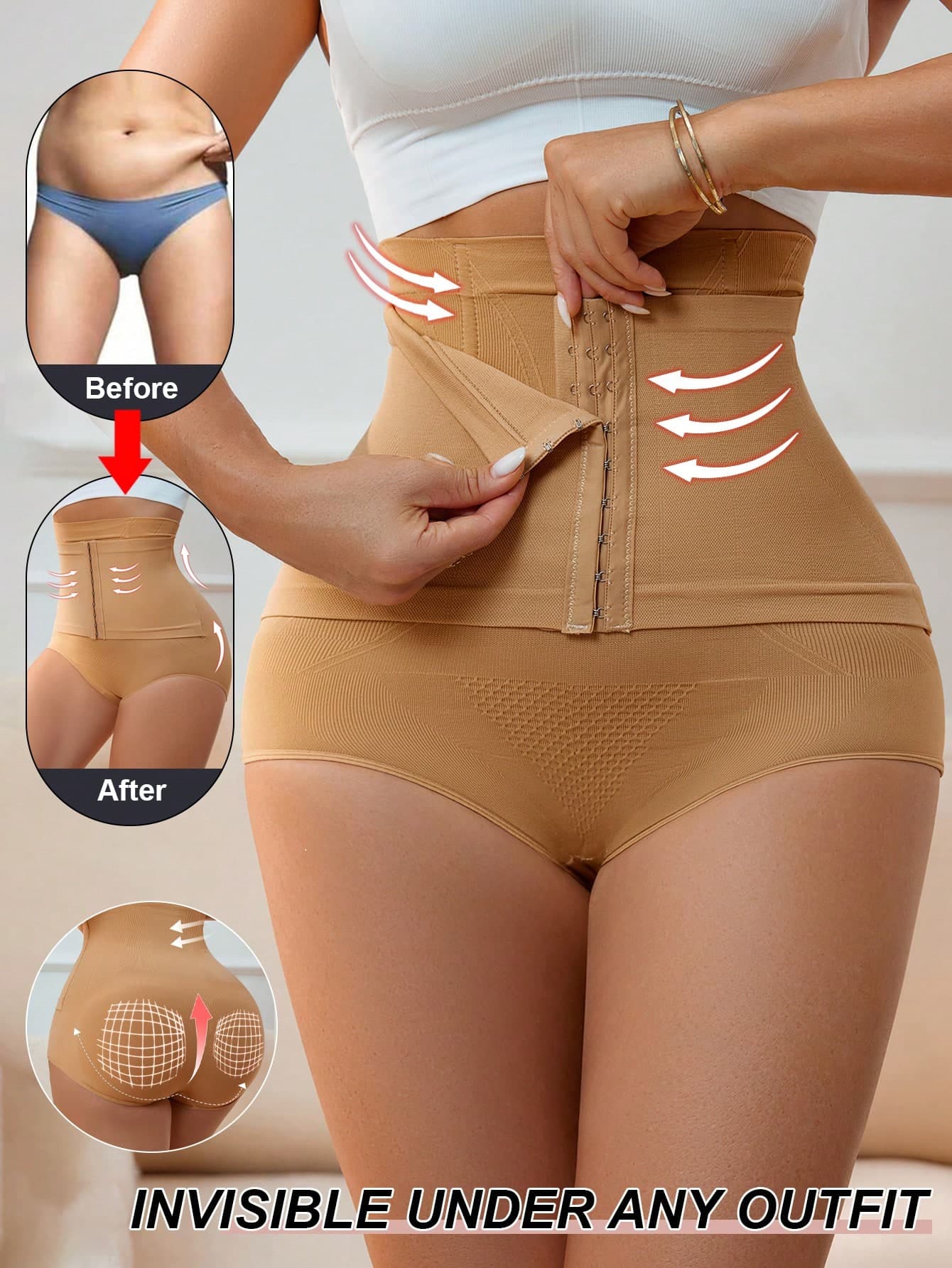 Women's High Waist Shaping Panties With Buckle, Tummy Control, Butt Lift, Cinched Waist And Thigh Compression Underwear
