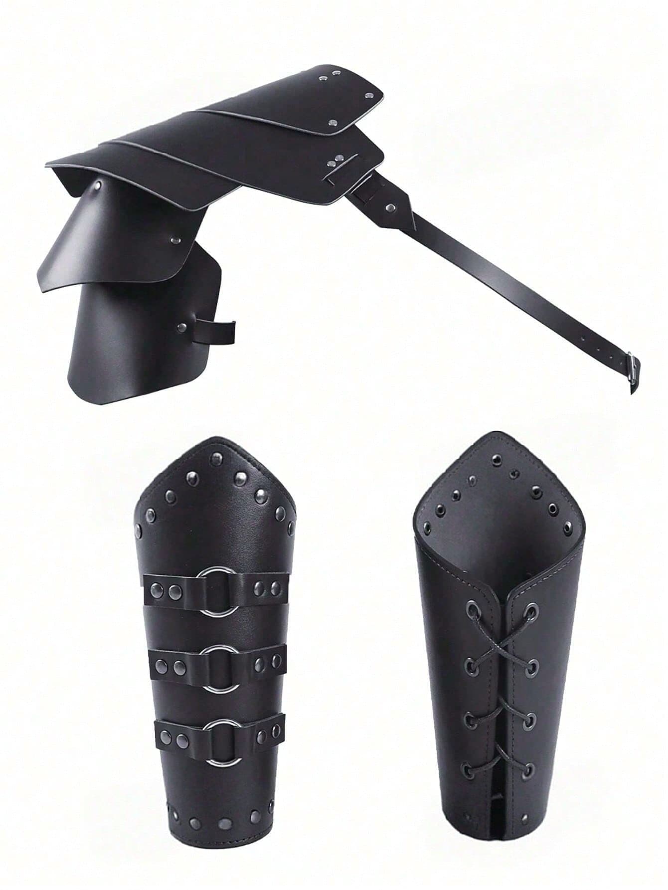3pcs/Set Men's Medieval Knight PU Leather Arm Guards, Warrior Shoulder Armor With Studs, Gladiator Costume Accessories Halloween Costume,Party