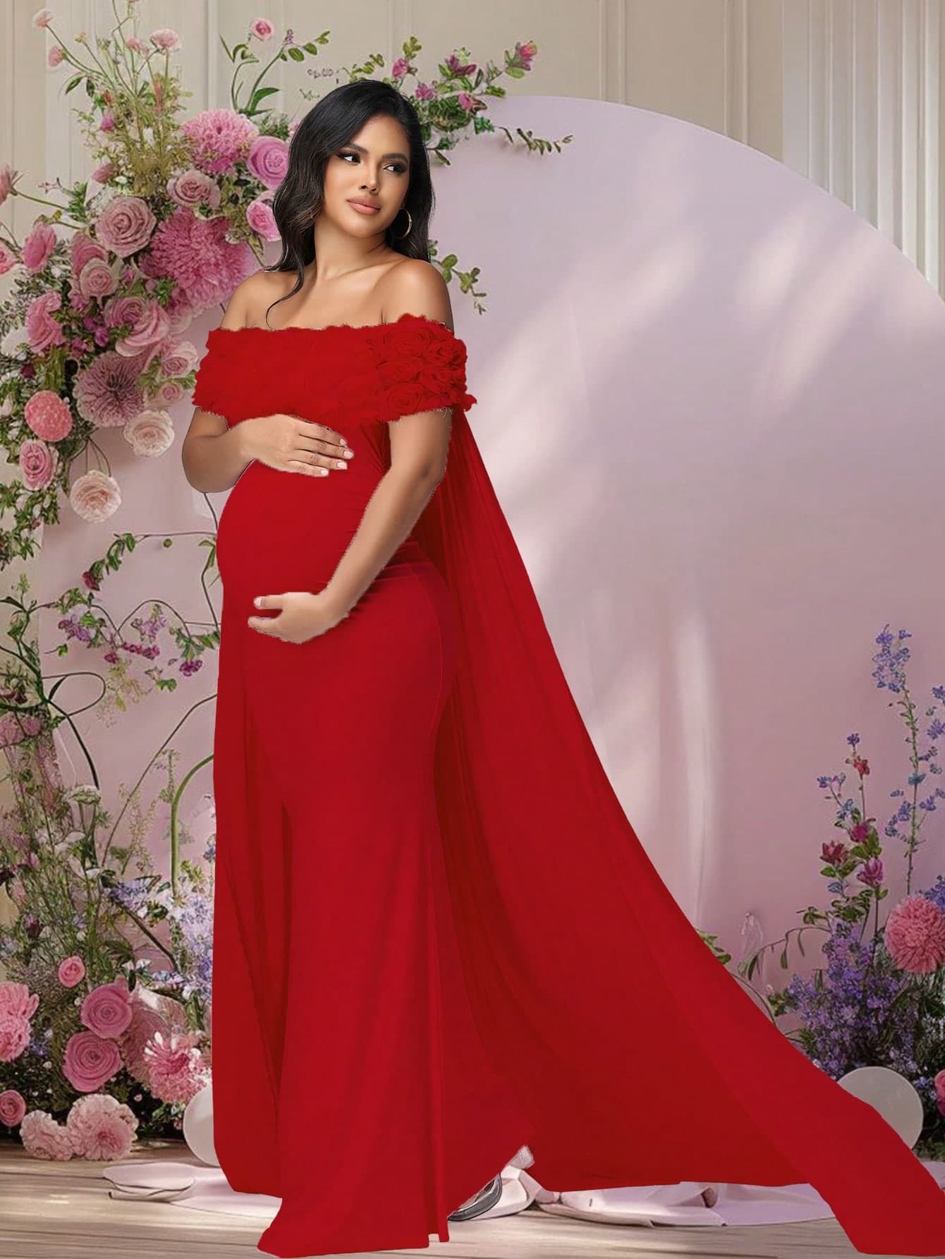 JustVH Maternity Floral Open Shoulder Dress, Suitable For Baby Shower, Mesh Cape-Style Long Dress, Can Be Used As Photography Prop Spring