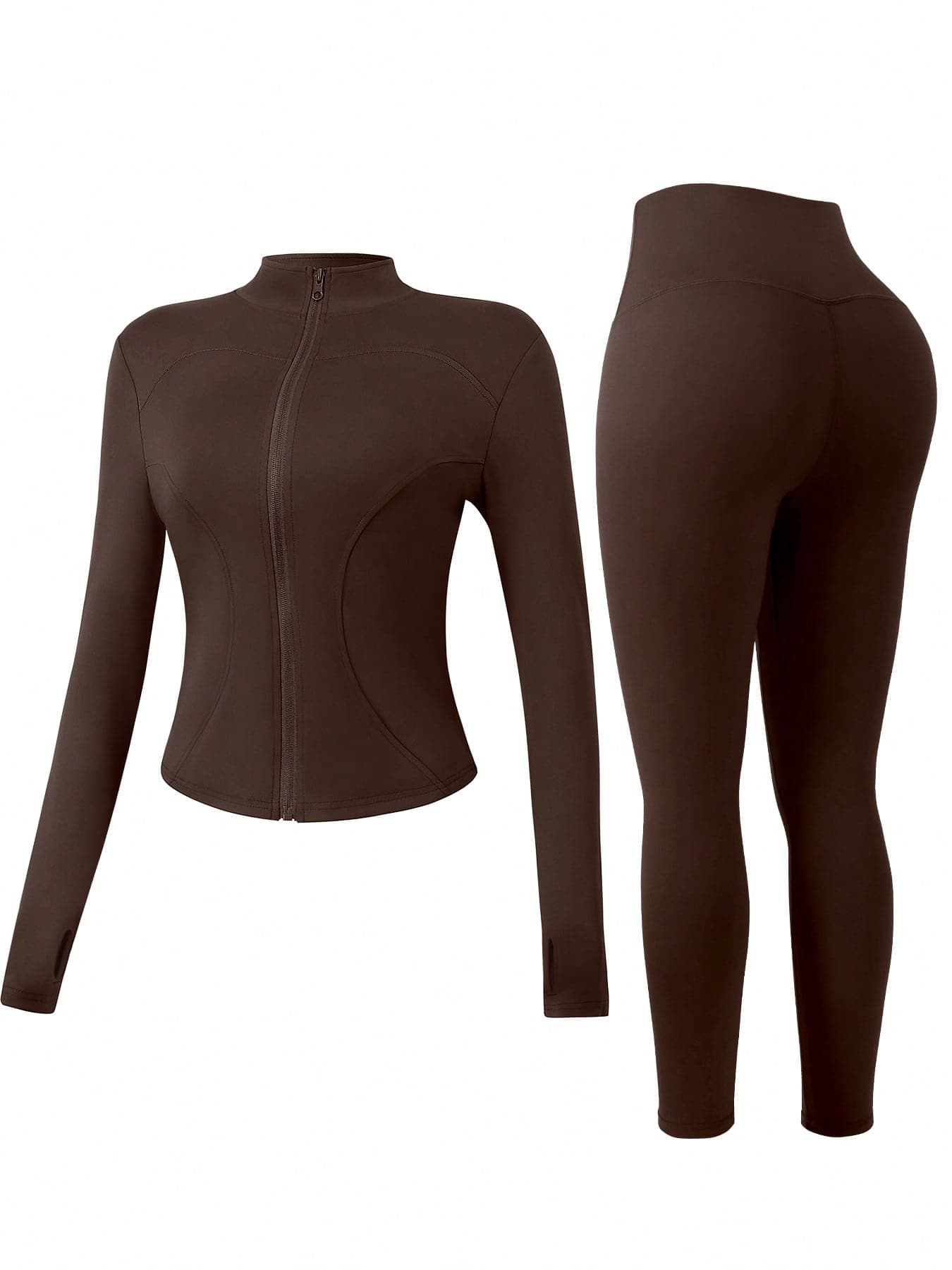 NcmRyu 1 Set Women's Fashion Elastic Zipper Collar Design Waist Cinching Butt Lifting Long Sleeve Workout Set Spring Sports