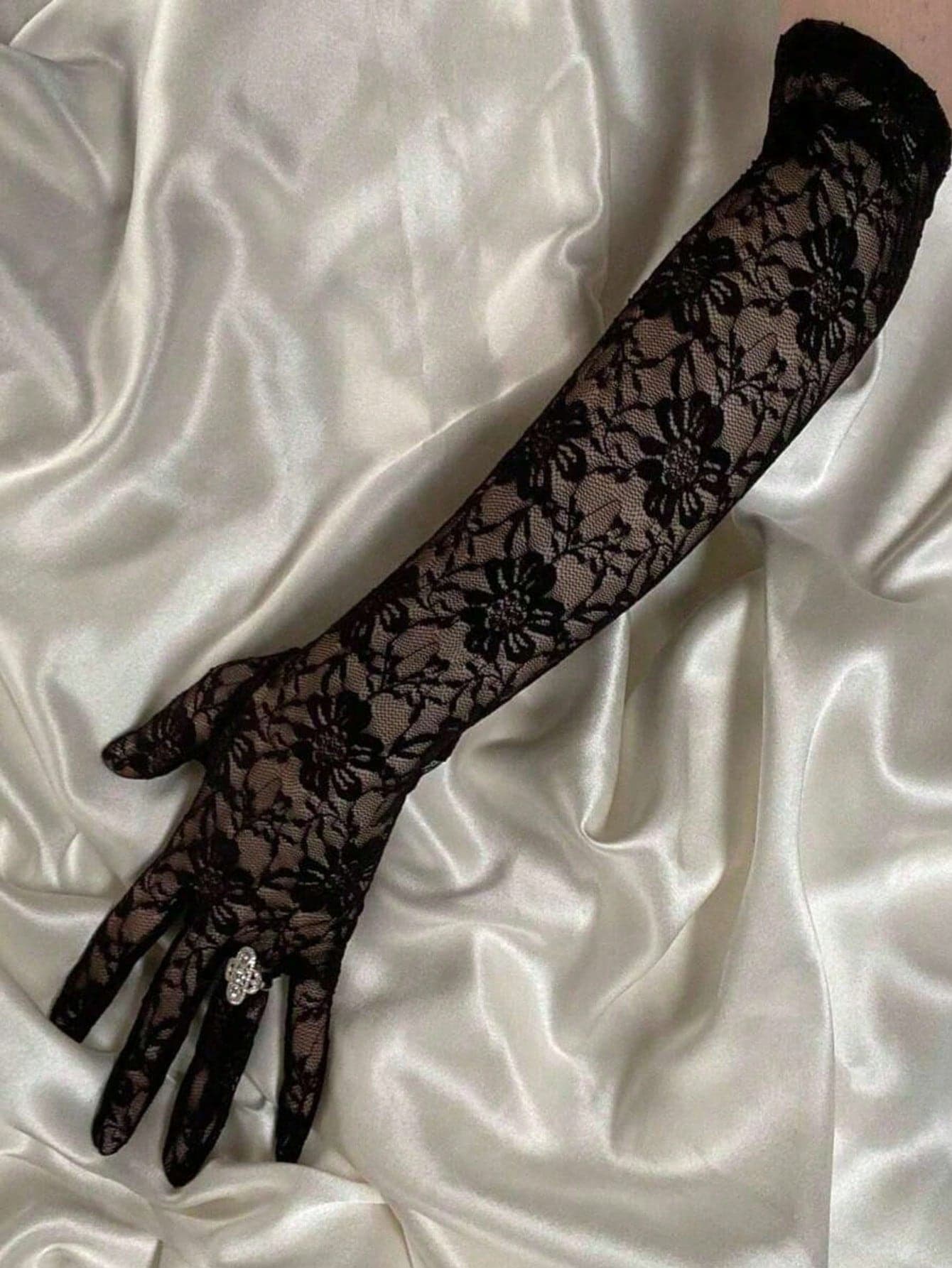 1 Pair Black Lace Flower Design Gloves, Bridal Wedding Hand Decor - Suitable For Bachelorette Party