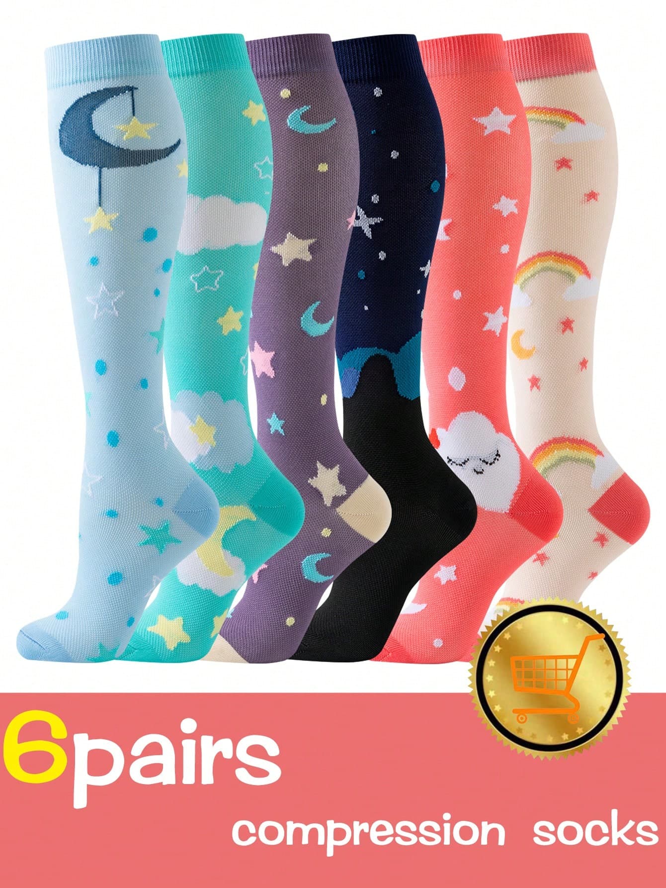 6 Pairs Moon And Star Compression Socks Women Men Breathable Knee High Compression Socks Women Sports Nurse Compression Socks For Compression Stocking