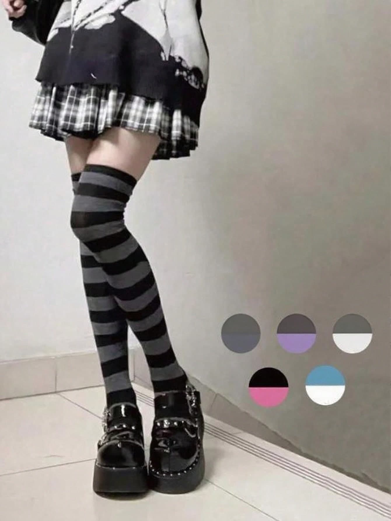 1 Pair Women's Striped Knee-High Socks, Fashionable Colorful Striped, Thigh-High Socks, Long Socks, Girls Socks, Party Socks, Dance Socks, Punk Style, Rock Star Style, Daily Wear