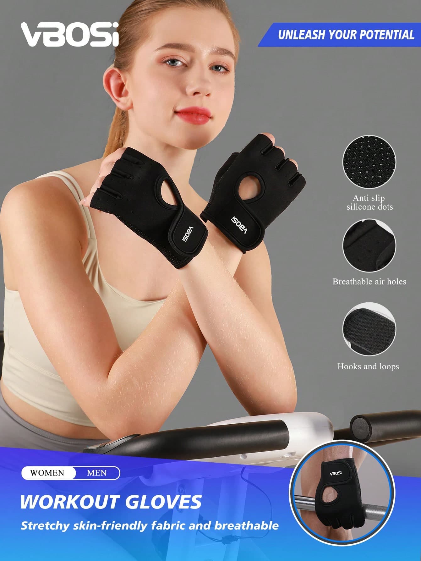VBOSI 1 Pair Women Men Half Finger Adjustable Breathable Sports Gloves For Weightlifting Dumbbell Cycling Fitness Training